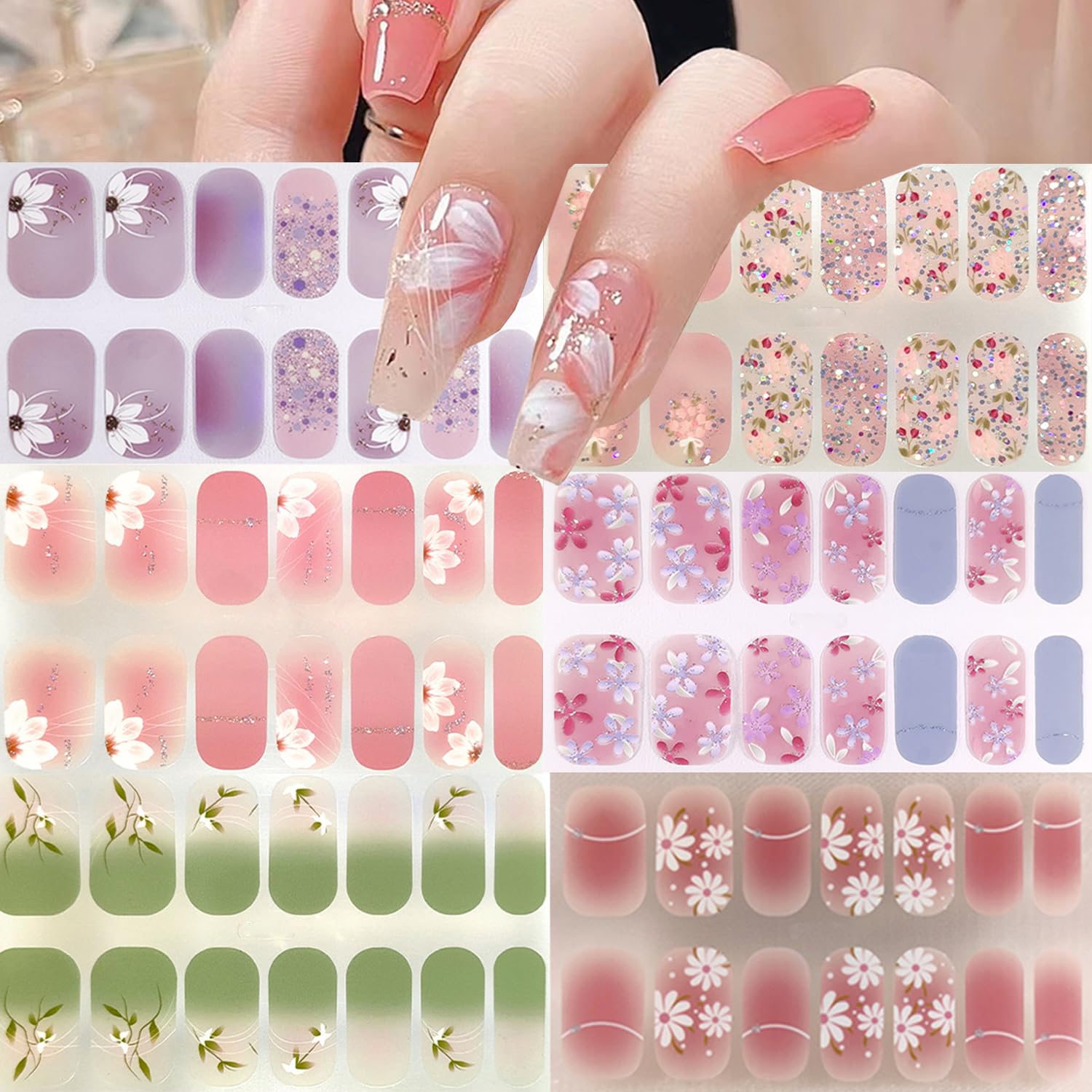 Flower Semi Cured Gel Nail Strips Gradient Gel Nail Sticker Self-Adhesive Full Nails Wraps Multicolor Glitter Design Floral Nails Stickers Floral Strips for Women DIY Salon Manicure Supplies Flower Nail Stickers-3