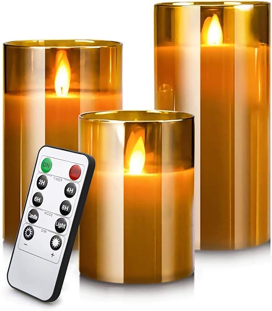 YMing LED Flameless Candles, Real Wax Moving Effect Flickering Glass Candles Set, Pillar Battery Operated Candles with Timer Remote,4" 5" 6" Pack of 3