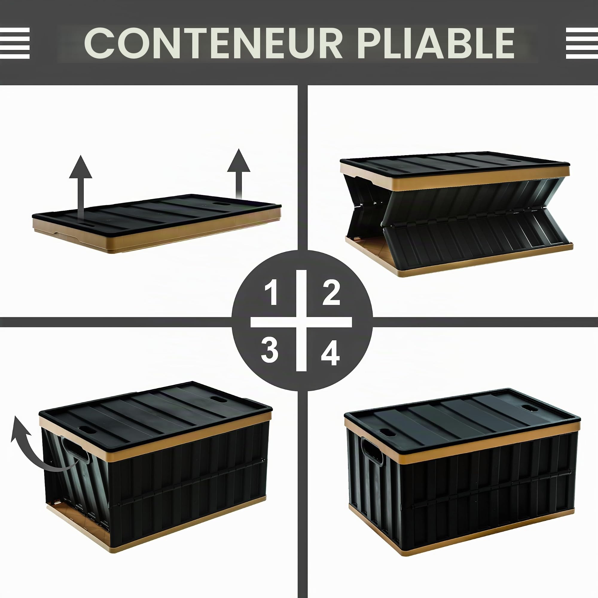 Citylife Lot de 4 Boîte rangement empilable en plastique de 64 L, avec couvercle, boite pliantes Pour usage domestique, camping en plein air, bureau, garage, rangement d'outils, noir