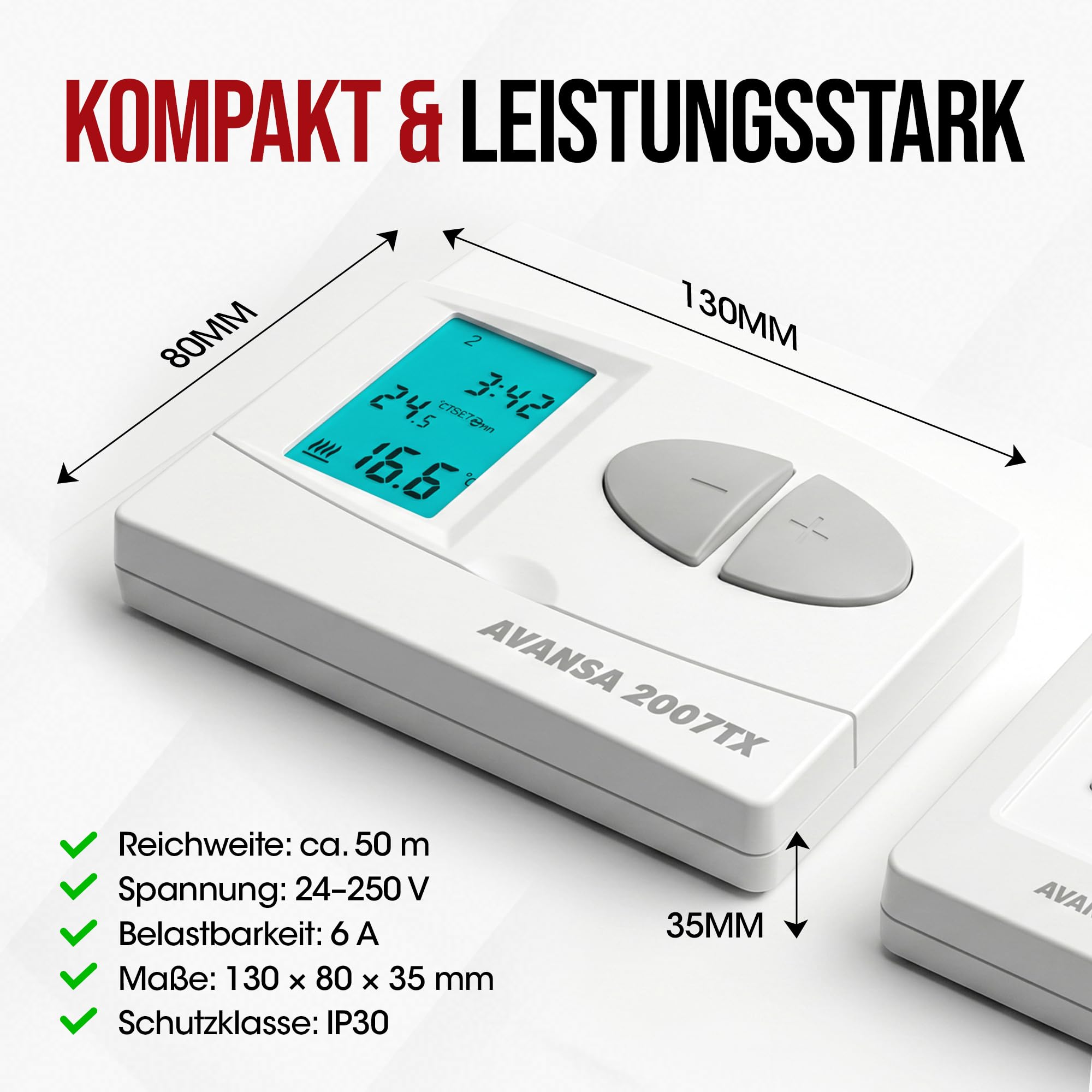 AVANSA 2007 TX programowalny radiowy termostat pokojowy – bezprzewodowy termostat tygodniowy do ogrzewania i chłodzenia – 24-230 V regulator ogrzewania z odbiornikiem