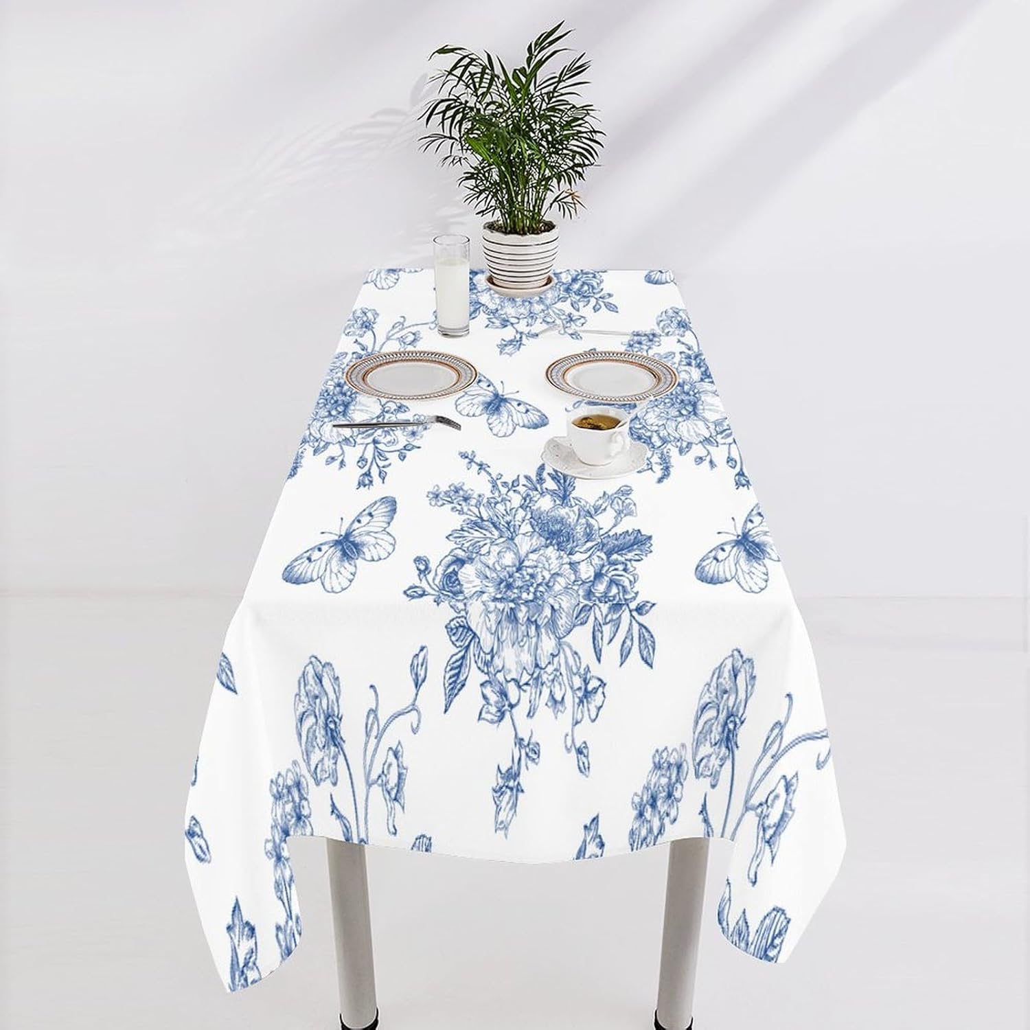 Vintage Florals Tablecloth, Seasonal Spring Fall Plants Blue Chinoiserie Florals Butterfly Water Resistant Wipeable Table Cover for Picnic Party Holiday Farmhouse Kitchen Dinner Table 60"x90"