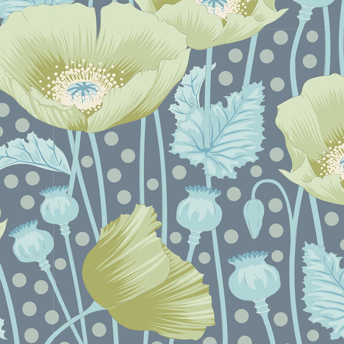 Tilda GARDENLIFE - Poppies Grey Green 100312-100% Cotton Fabric - PER Half Meter (Half Meter)