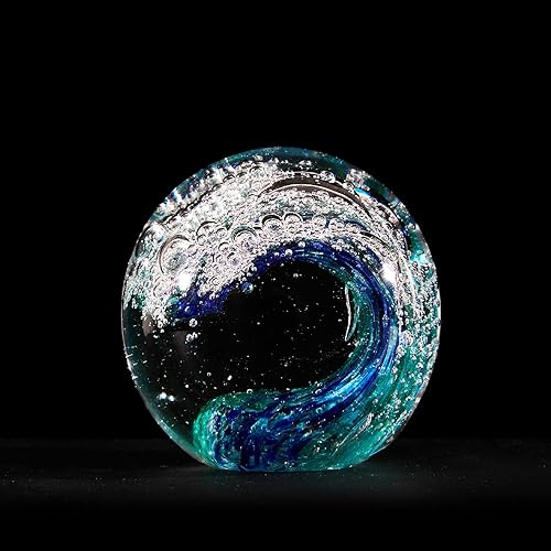 Miniatura 3 de THBEISSU Bola de cristal con diseño de océano azul soplado a mano, escultura para escritorio, colección, acuario y decoración del hogar, 3.15