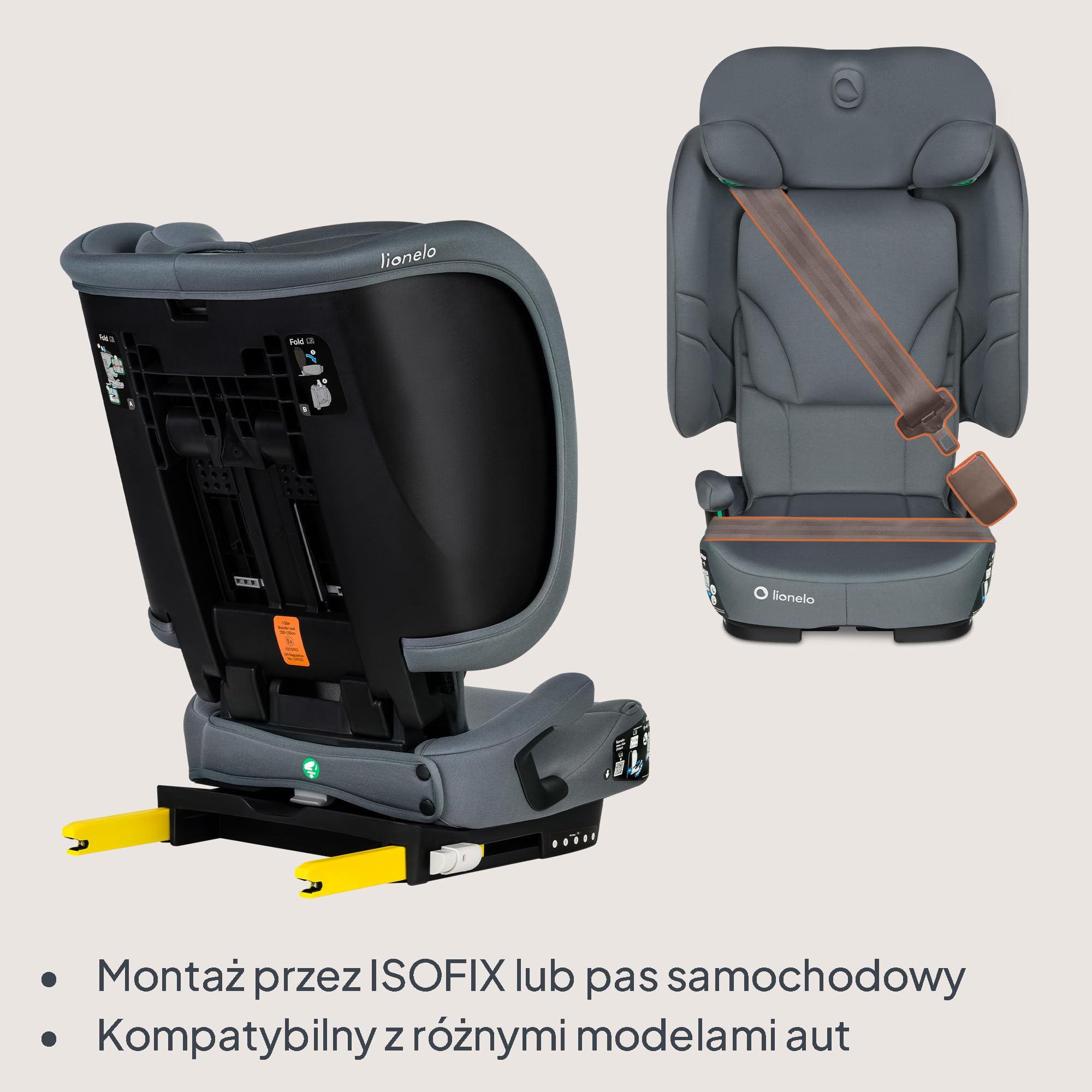 LIONELO Bezpieczny Składany Fotelik Samochodowy I-Size R129 Z ISOFIX Podróżny z Torbą Transportową i Uchwyt Na Kubek 14-Stopniowa Regulacja Zagłówka Regulowane Oparcie dla Dzieci 100–150 Cm 3–12 lat | Od 3,5 do 12 lat, 4 pozycje leżenia, 14-stopniowy zagł