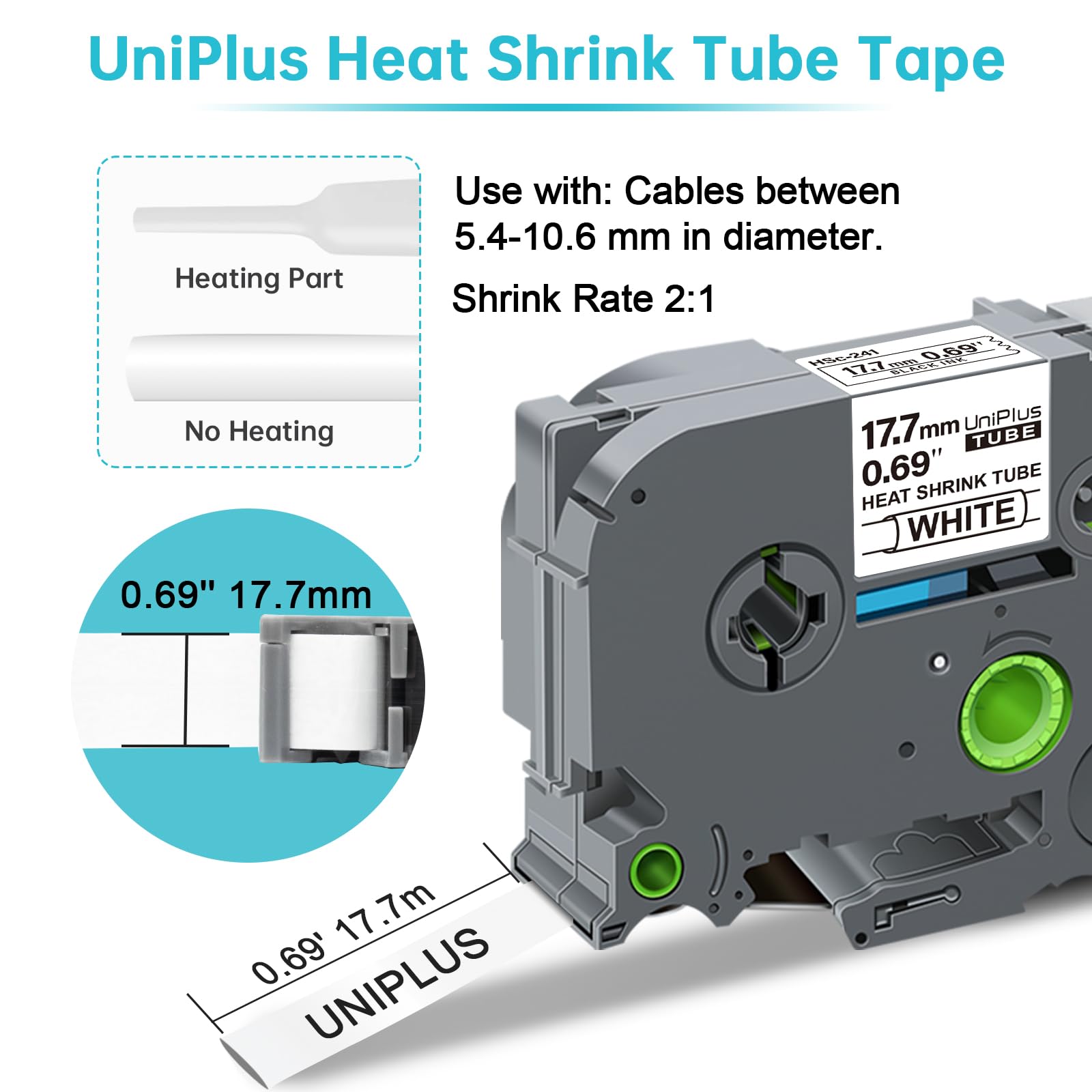 UniPlus 3x Compatibile per Brother HSc-241 HSc241 Cassetta Tubo Termorestringente Nero su Bianco per Brother PT-300 PT-H500 PT-1750 PT-E300VP PT-E500VP PT-E550W PT-P750W, 17.7mm x 1.5m