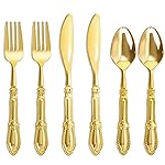 Nervure 300PCS Gold Plastic Silverware - Heavy Duty Disposable Cutlery Set,Luxury Gold Plastic Utensils include 100Pcs Forks, 100Pcs Spoons, 100pcs Knives Perfect for Wedding,Party,Daily Use