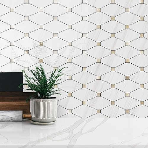 Miniatura 10 de STICKGOO 1 hoja de protector contra salpicaduras para despegar y pegar, aspecto de mármol blanco, PVC, mezcla de metal dorado, protector contra