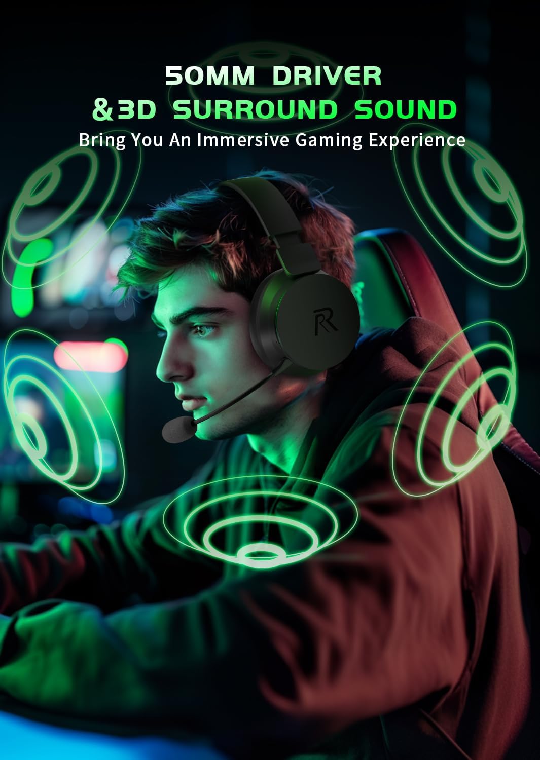 RYR Wireless Gaming Headset for Xbox Series X|S, Xbox One, PS5, PS4, Switch, Mac, Bluetooth 5.3, 3D Surround Sound, Rotatable Earmuffs, Gaming Headphones with Noise Canceling Microphones-Blackgreen - Nintendo Switch - Very Good - Used Accessory - Image 8