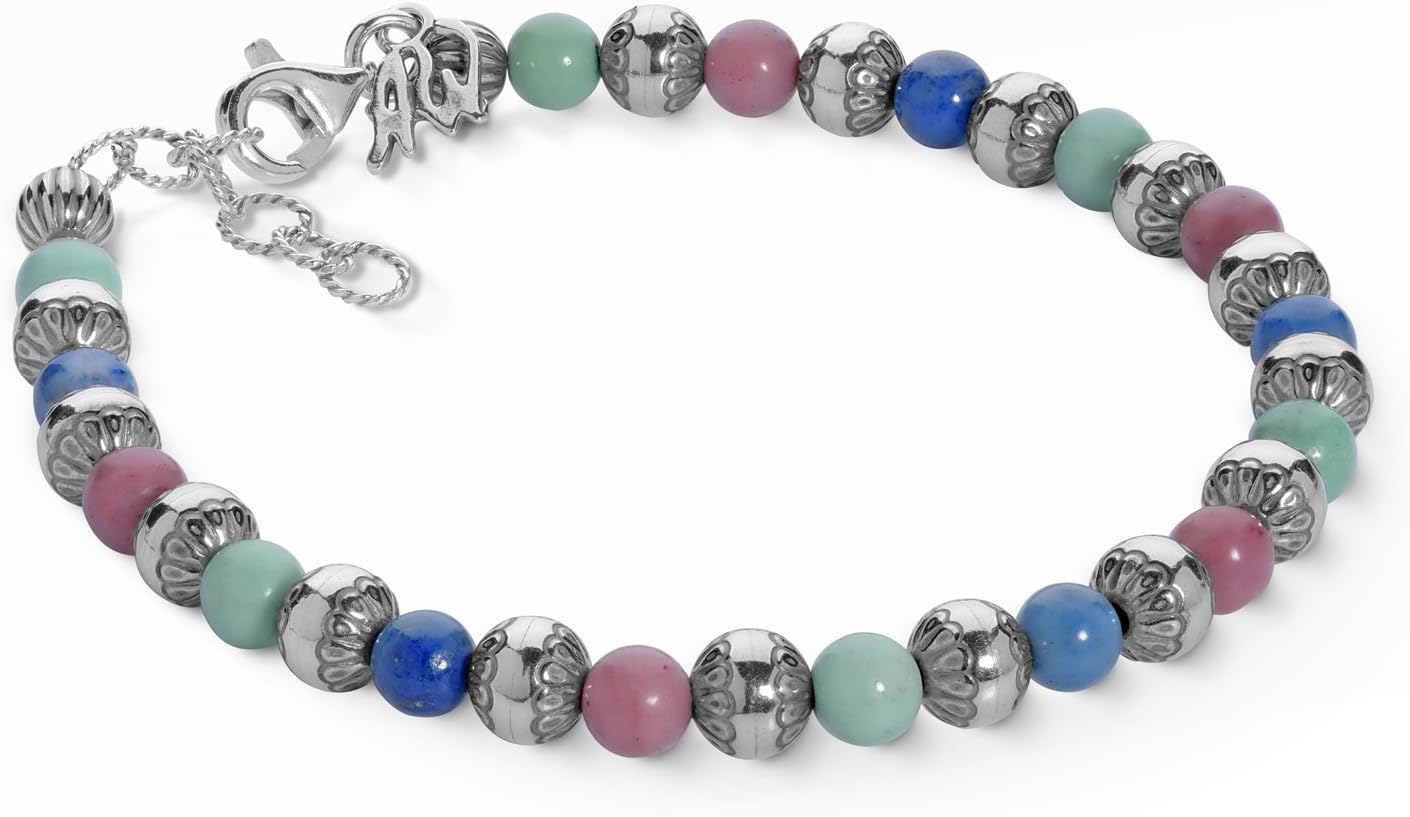 American West Sterling Silver Native Pearls, Lapis, Rhodonite and Varicite Gemstone Beaded Bracelet Size S, M or L