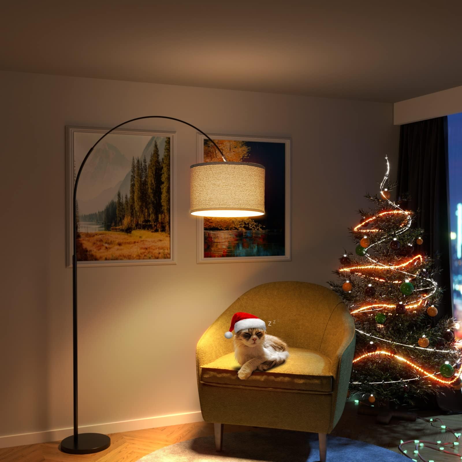 Modlicht Dekorative Bogenlampe JASMIN | Bogenleuchte LED E27 9W 3000K | Ø33CM Stoffschirm Leinen Beige | 165-180 cm Stehlampe für Wohnzimmer Schlafzimmer Büro Hotel