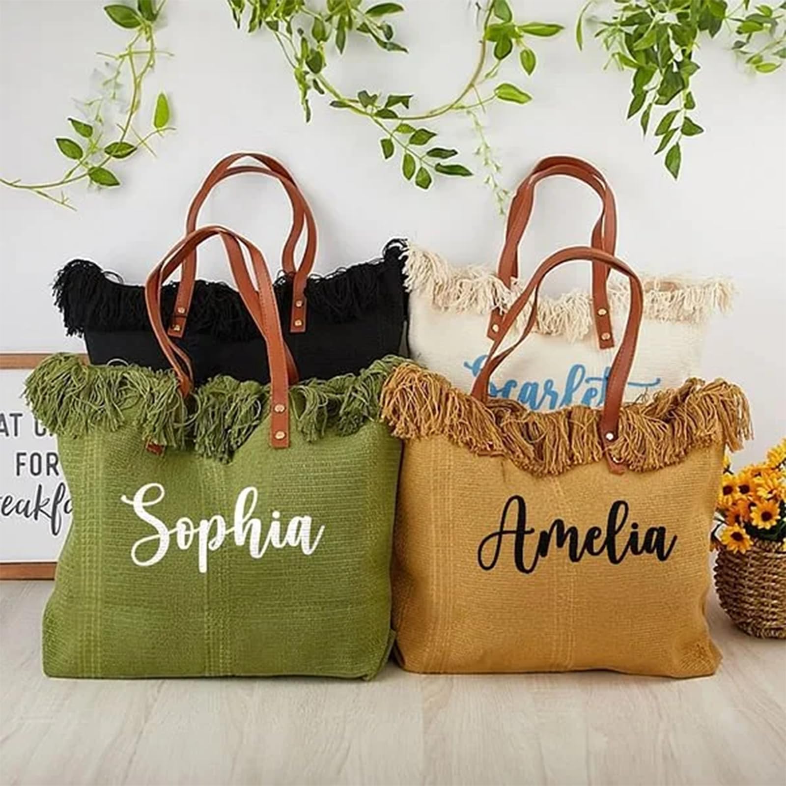 Borsa tote per damigella d'onore con ricamo personalizzato, borse di tela per regali per feste nuziali, frange boho e borse da spiaggia per spose, regalo di viaggio per ragazze
