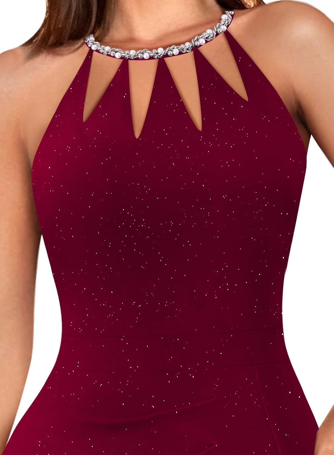 VFSHOW Womens Sexy Cut Out Beaded Halter Formal Prom Maxi Dress Ruched High Slit Cocktail Gala Ball Evening Gown