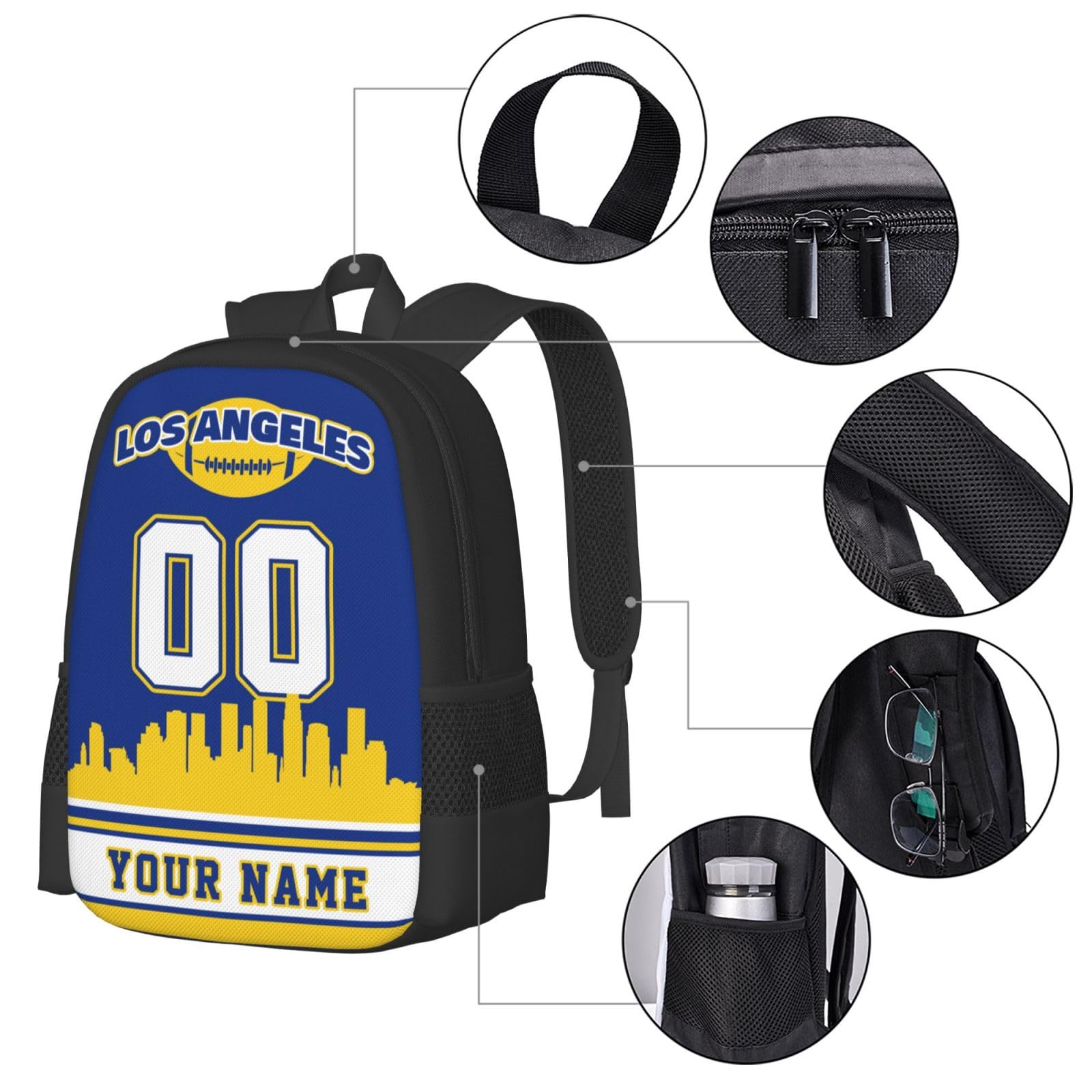 Blinshir Custom Football Backpack Personalized Los Angeles R Backpack with Name Number Customized Large Capacity Casual Sports Bookbag Gifts for Fans Hiking Camping Travel