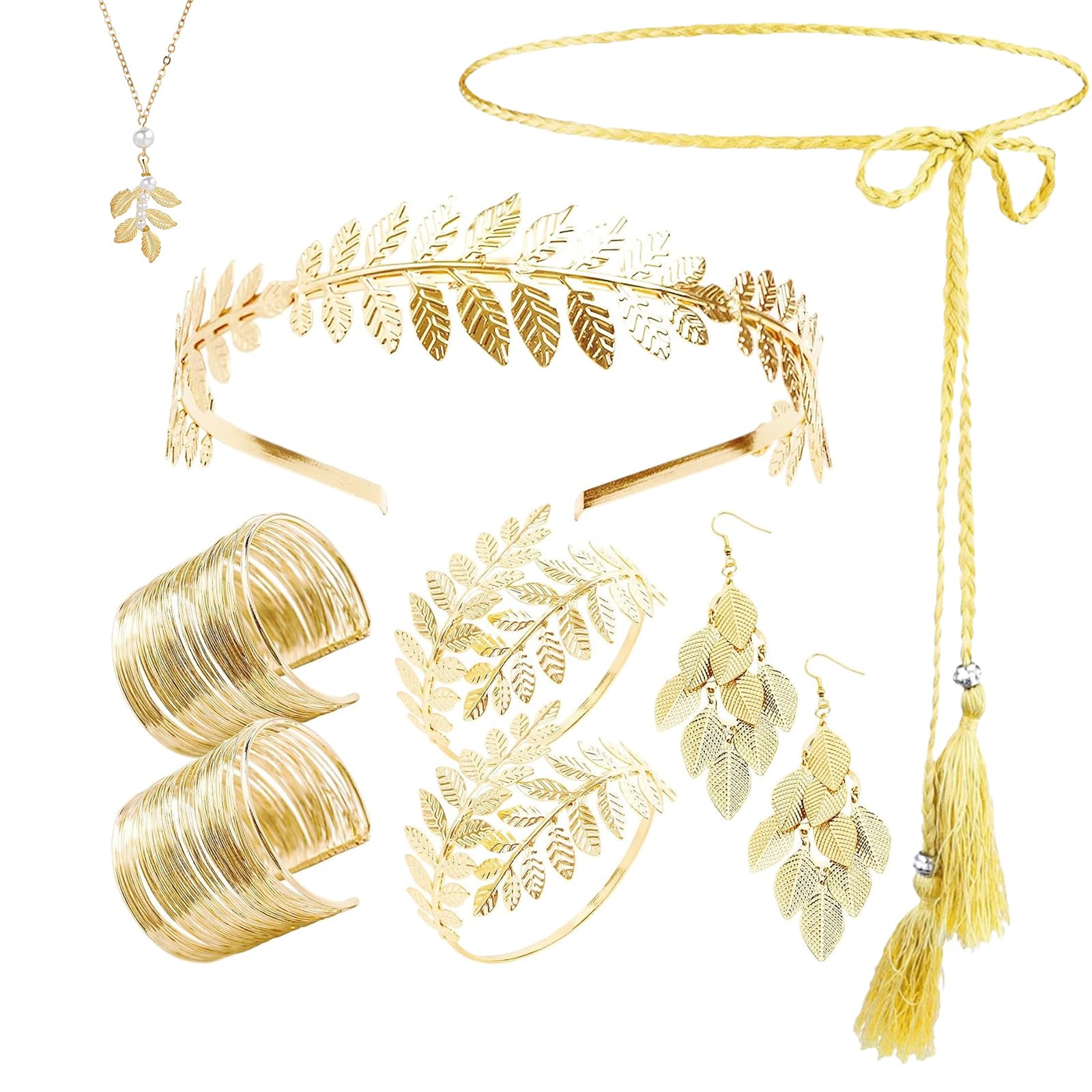 TUBAWD 9PCS Greek Costume, Greek Goddess Costume Women, Greek Goddess Accessories with Complete Leaf Crown Pearl Necklace & Arm Cuffs Earrings Set for Women Wedding