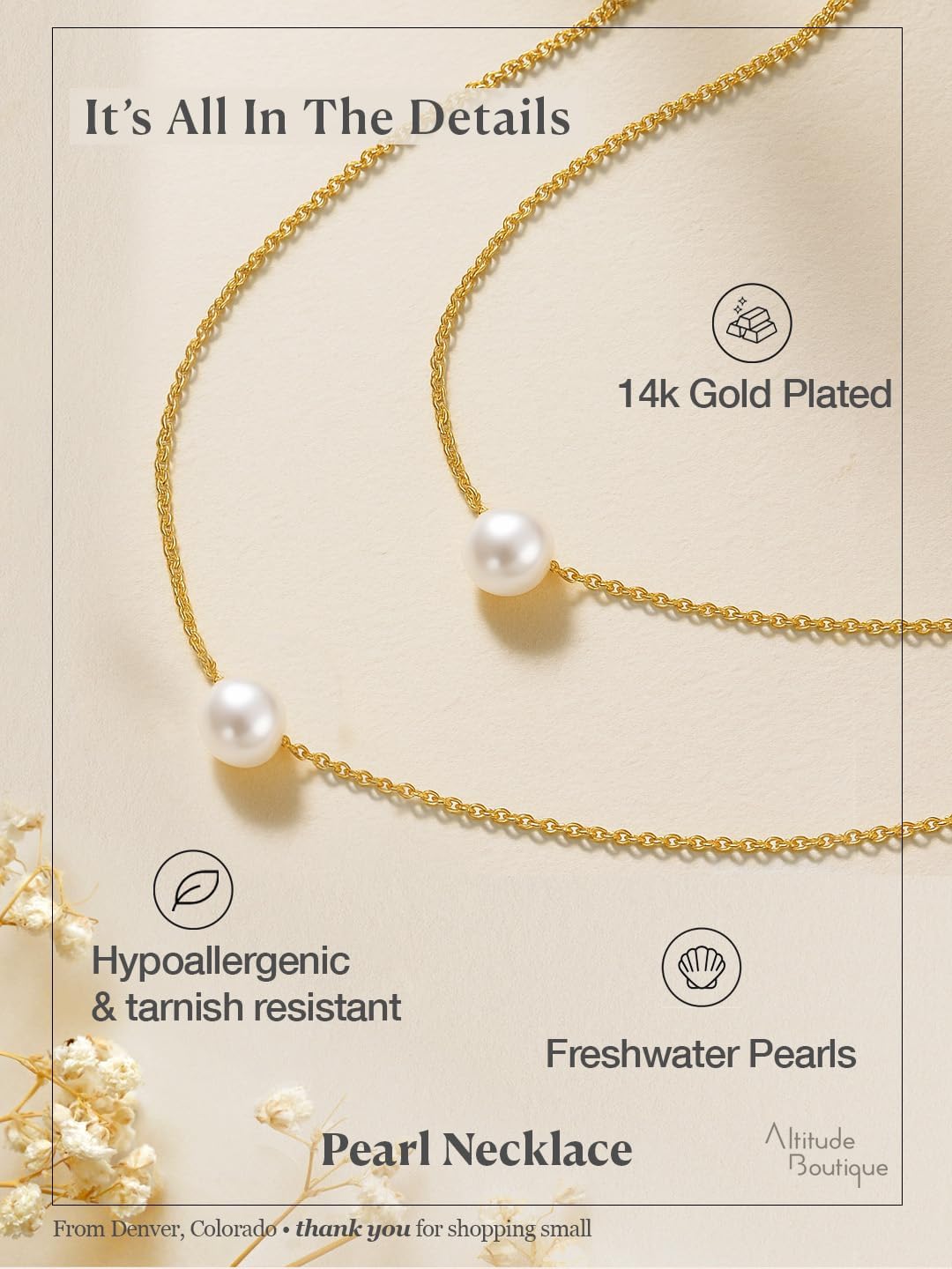 Altitude Boutique AAA+ Genuine Freshwater Single Pearl Pendant Necklace | 14K Gold-Plated Chain | Floating 8-10mm Freshwater Cultured White Pearl | Minimalist Fashion Jewelry for Women - Image 3