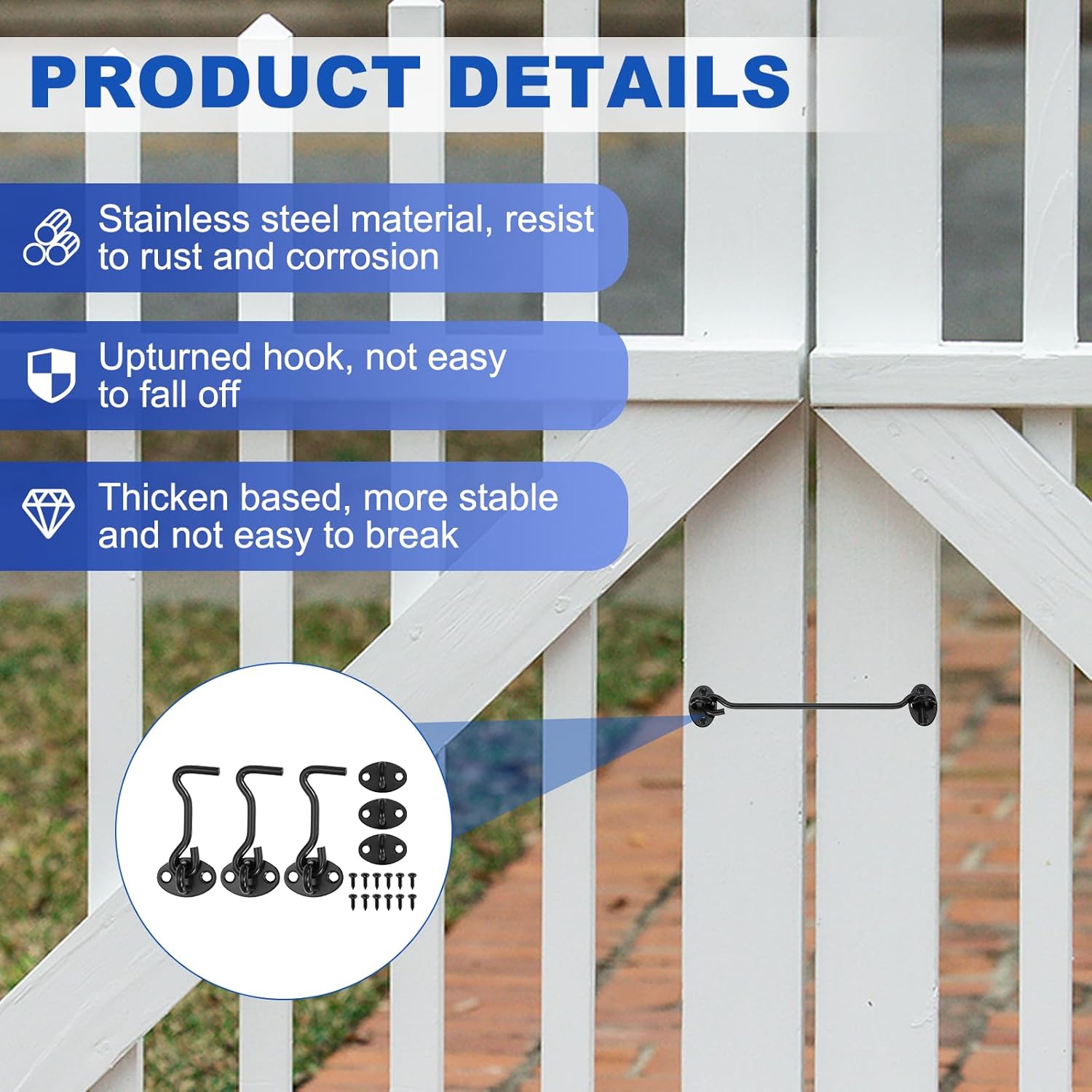 uxcell 3Pcs Hook and Eye Latch, 3.1" Stainless Steel Door Lock Gate Latch Rust-Resistant Sliding Door Lock Eye Hook Latches with Screws for Doors Window Fence, Black