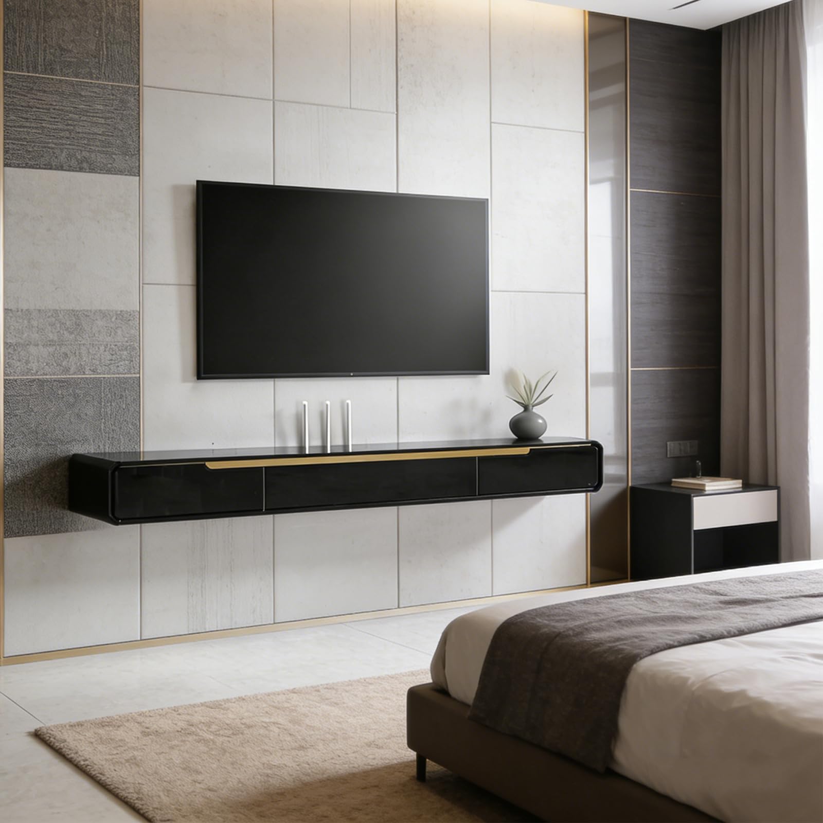 Mueble de TV Colgante de Madera Maciza, Estante Flotante Moderno con 2 Cajones, Orificios para Cables, Bordes Redondeados, Salón Dormitorio (A Negro, 140CM)
