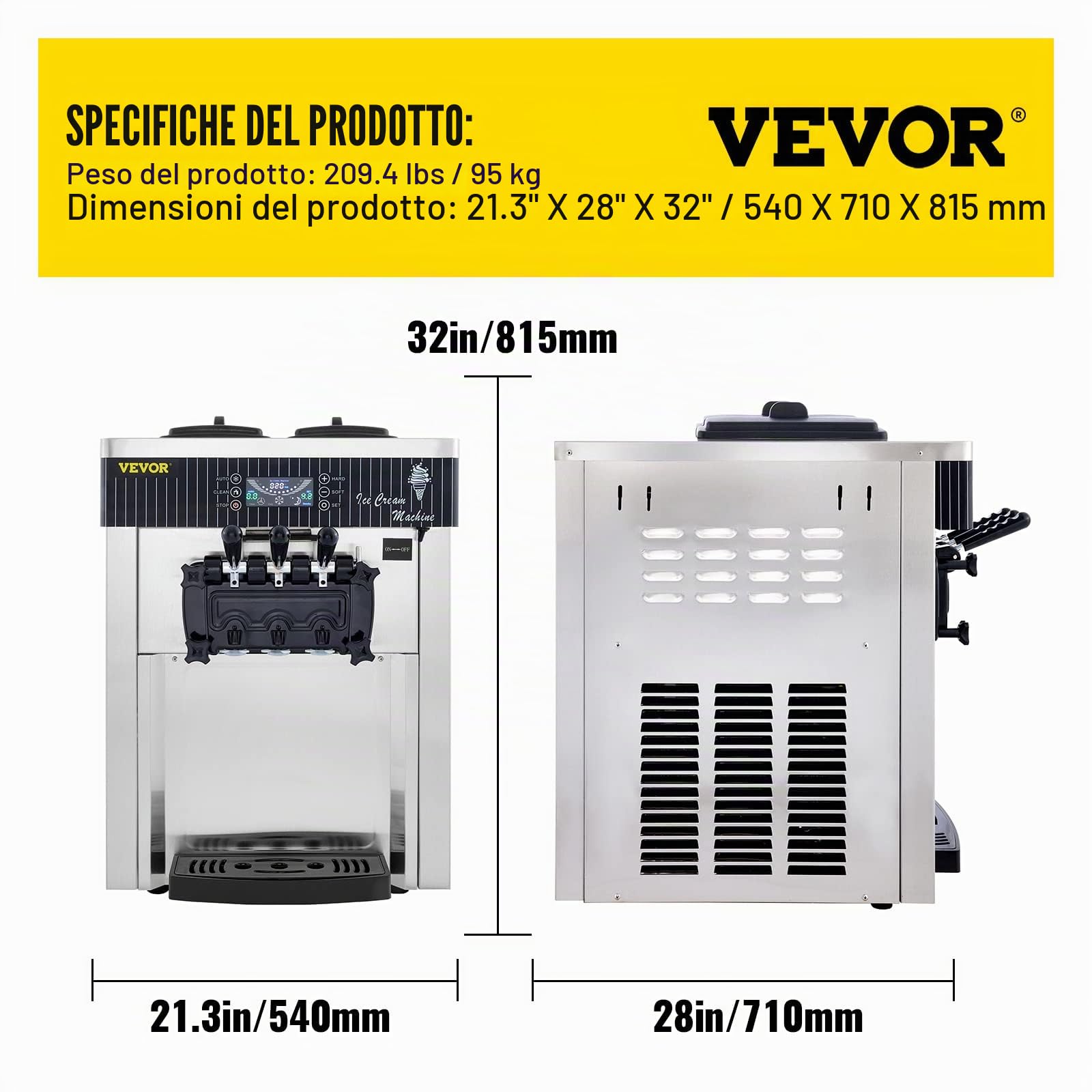 VEVOR Macchina per gelato commerciale da 5,3 a 7,4 galloni all'ora per servire morbido con display a LED Auto Clean 3 sapori perfetta per ristoranti snack bar, 2200 W, argento