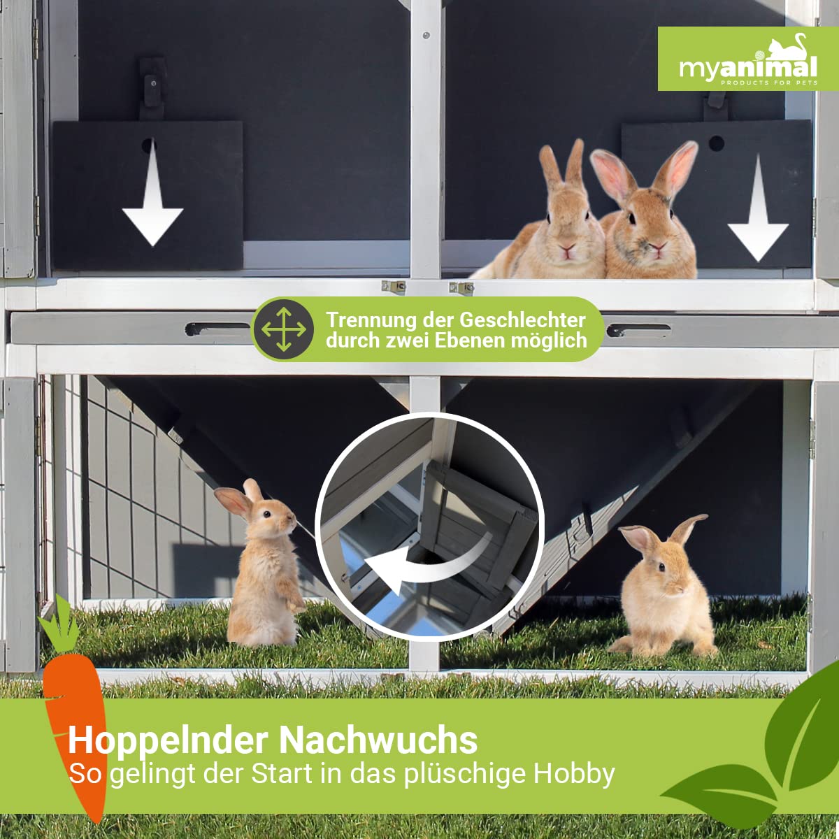 Miweba MyAnimal Hasenstall MH-33 | 118x55x105 cm - Kaninchenstall mit Freilaufgehege - Doppelstockhaus 2 Ebenen - Hasenkäfig - Imprägniert - Kaninchenkäfig Winterfest - Indoor und Outdoor (Grau/Weiß)