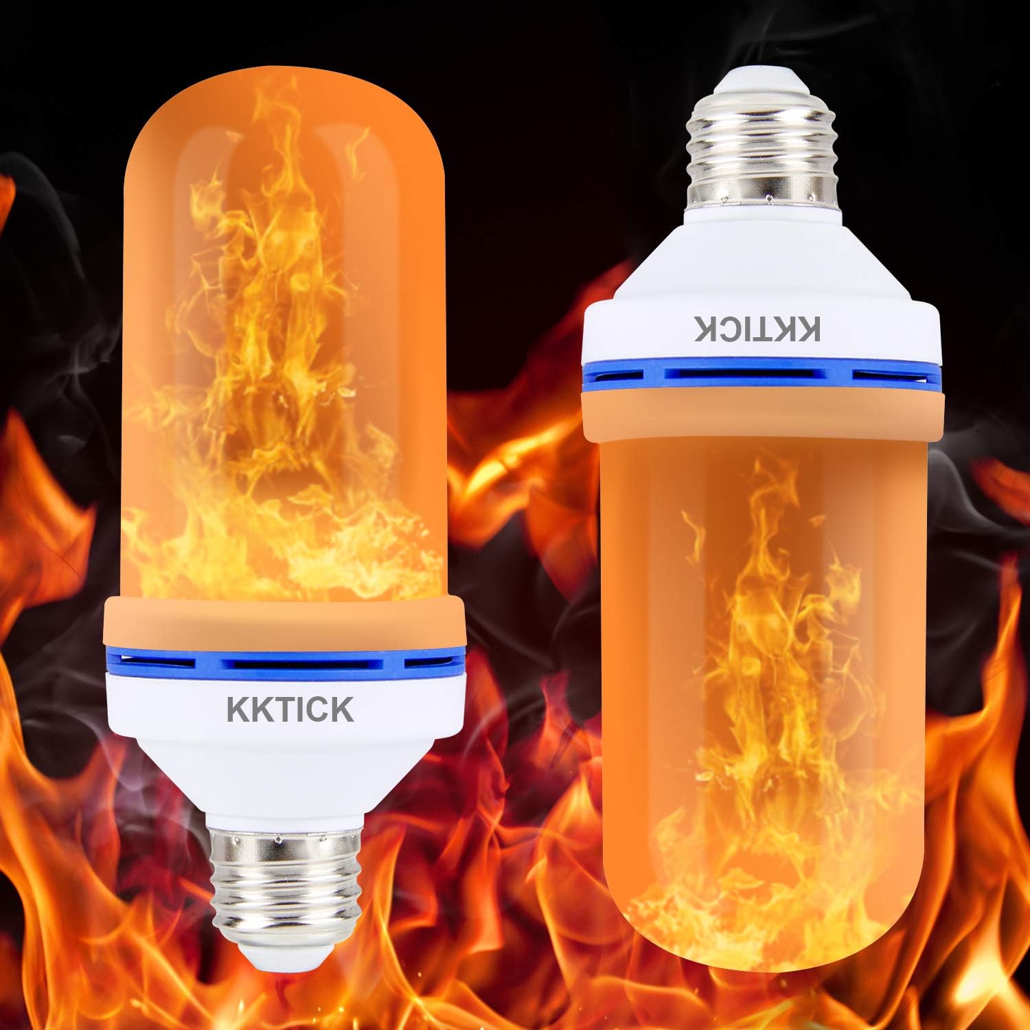 LED Flame Effect Light Bulb, KKTICK Fire Light Bulb 4 Modes with Upside Down Effect, E26 Flame Lamp Simulated Realistic Burning Fire for Halloween/Party/Home Decoration