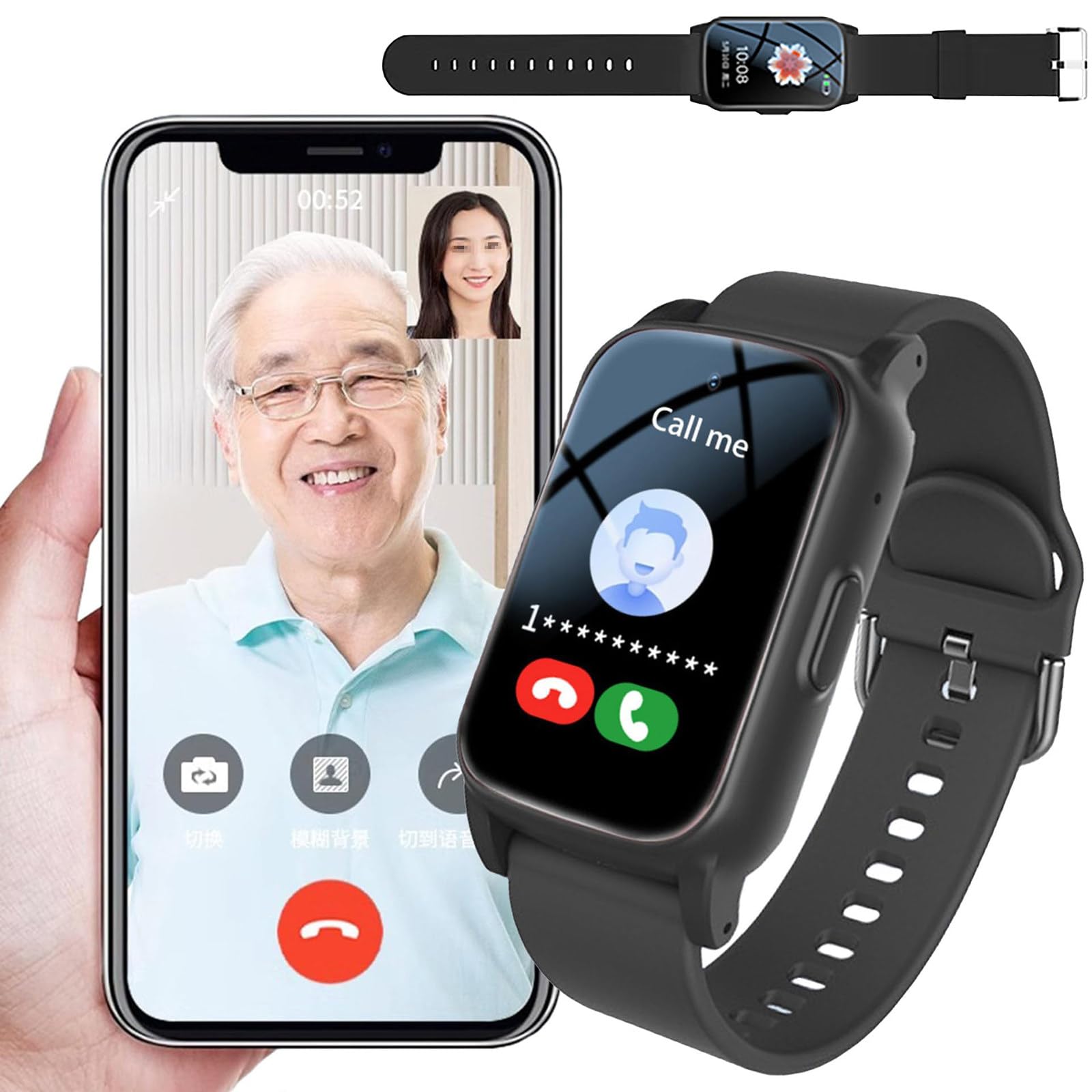 Localizador GPS para Personas Mayores, Reloj con Detección De Caídas, Alarma De Emergencia SOS, Seguimiento GPS En Tiempo Real, Videollamadas HD, Ayuda para Personas con Demencia Black