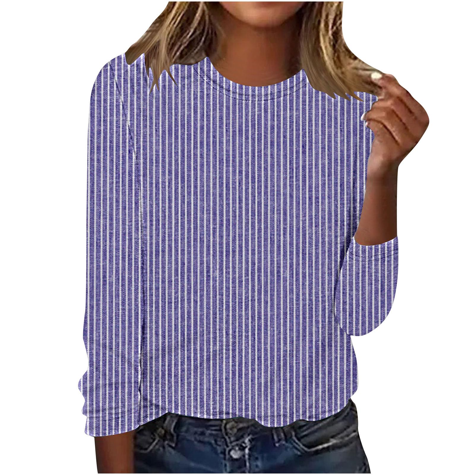 Cotton Long Sleeve Tees For Women Striped Print Loose Pullover Tops Crew Neck Casual t Shirts Fall Fashion Outfits