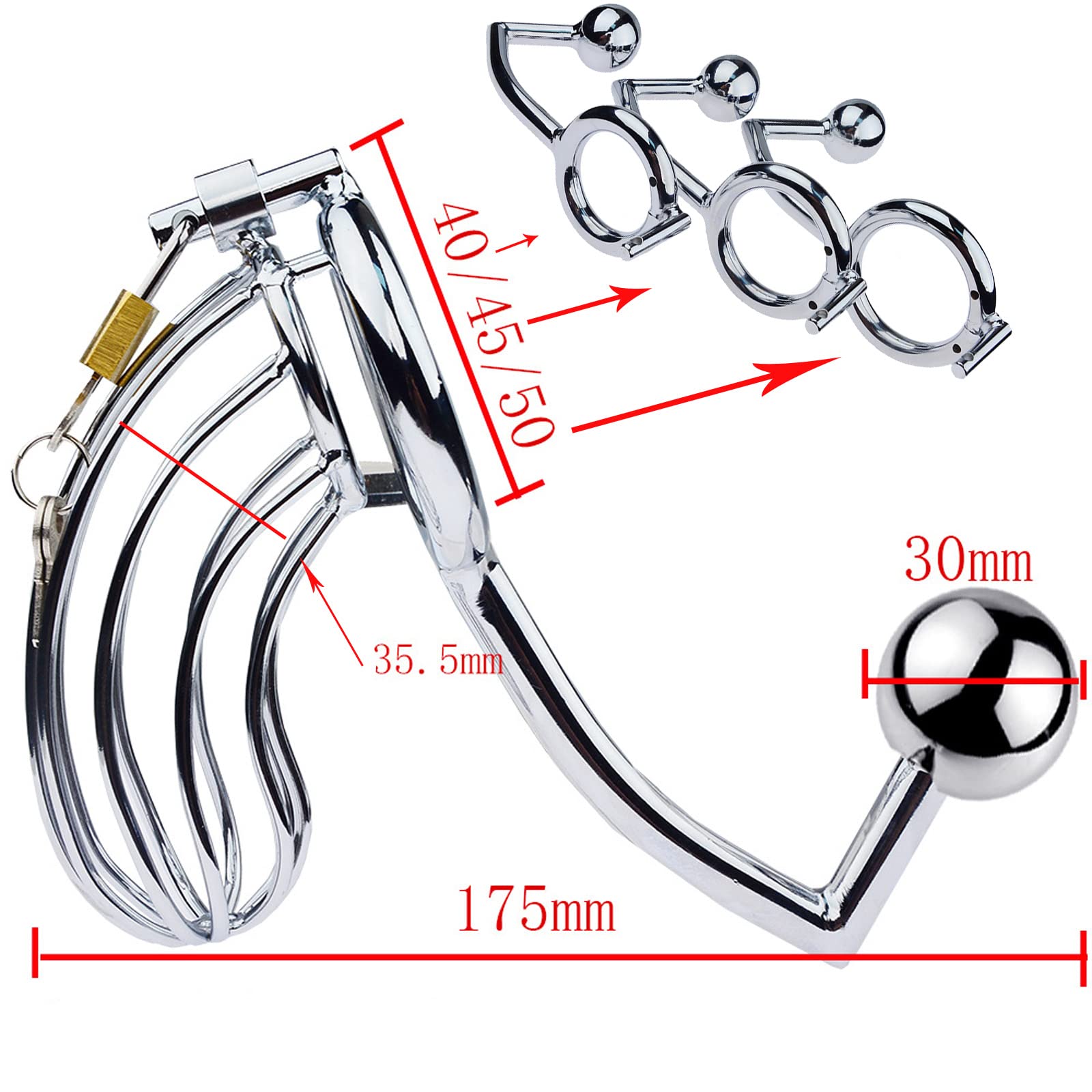 Gabbia per pene in acciaio inossidabile 2 in 1 con anelli per il pene BDSM Gabbia di castità in metallo con gancio anale Cintura di castità per uomo Dispositivo di castità Dilatatori(50mm)