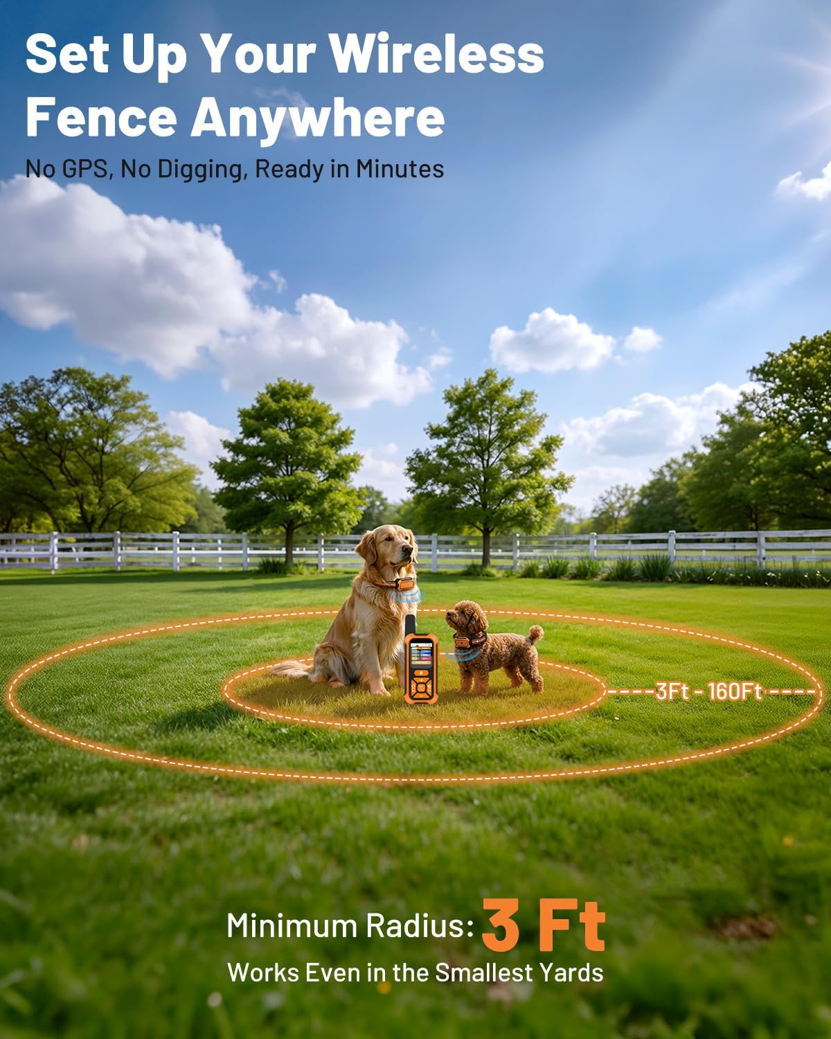 3-in-1 Wireless Dog Fence System: Ultra-Precise ±1Ft, Electric Shock Fence Featuring Indoor Barrier & Remote Training, IPX7 Waterproof Collar, 3 Correction Modes, 15+ lbs Dogs