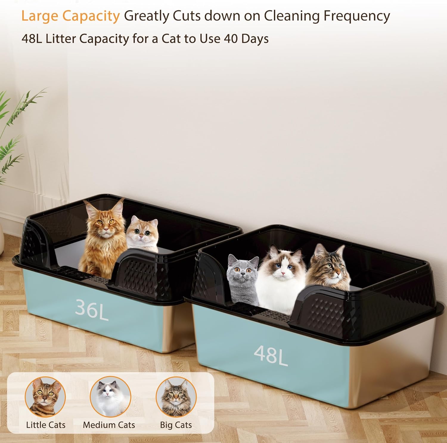XXL Stainless Steel Litter Box with Lid, Extra Large High Sided Litter Box for Big Cats or Multiple Cats, Anti-Splashing, Easy Clean, No Smell, Transparent Black Enclosure