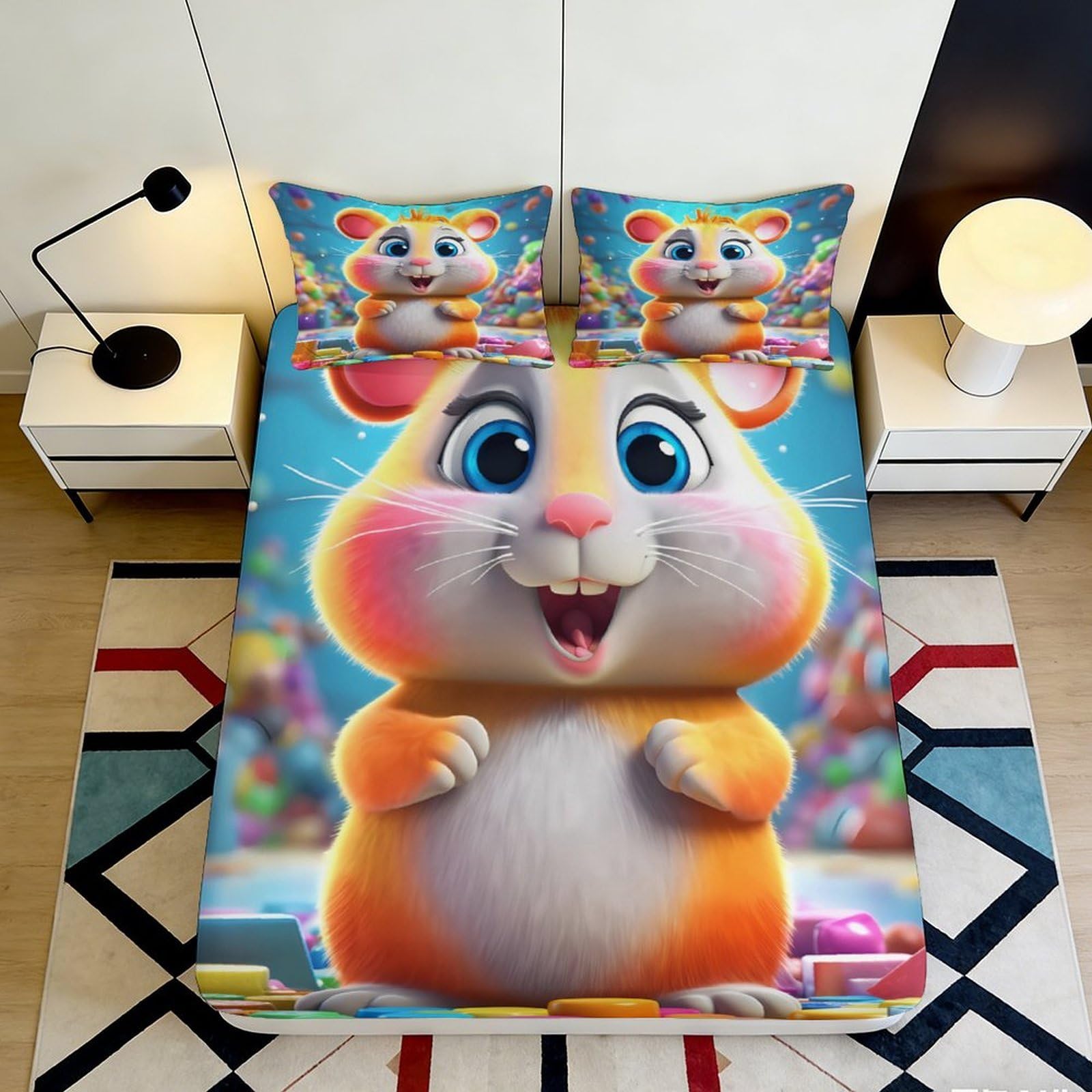 3D Printed Cute Hamster Fitted Sheet Microfiber Soft Breathable Cartoon Animal Bed Sheet for Bedroom Dorm Room Mattress Protection Decor 140x200x25cm