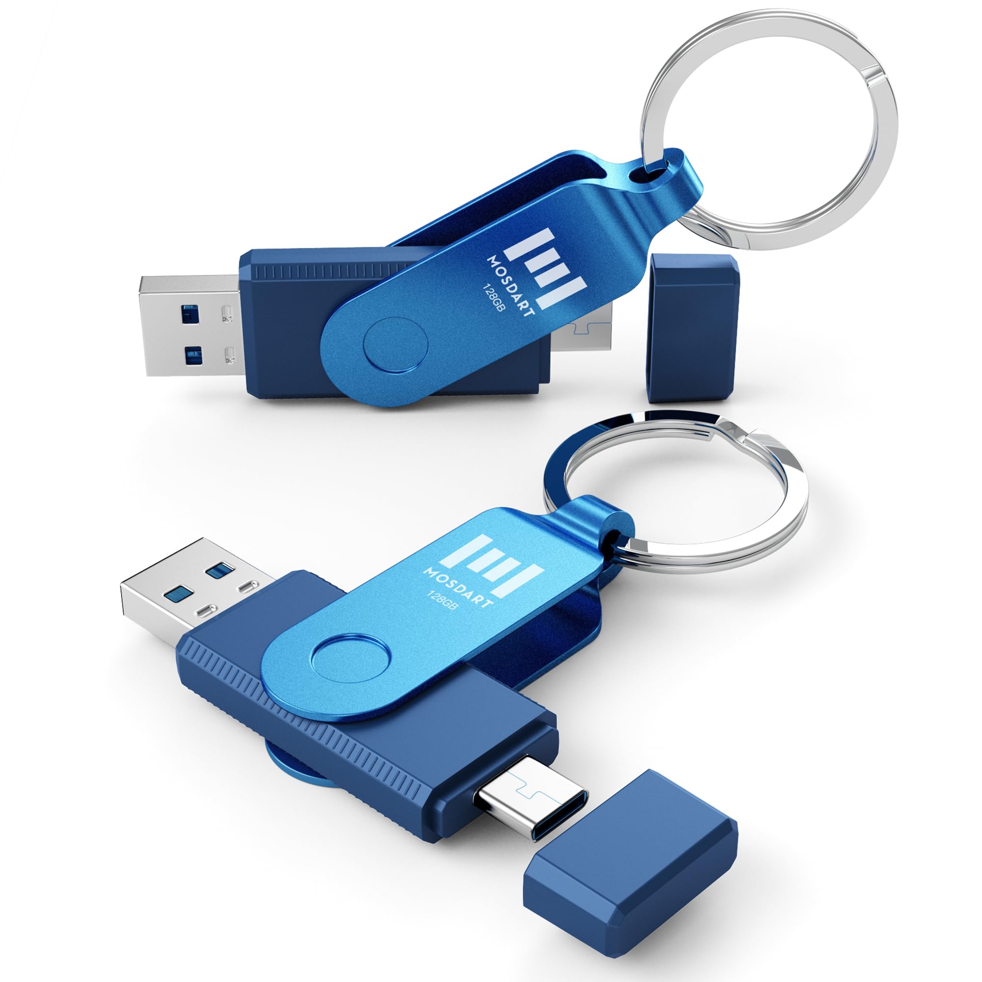 MOSDART Unidad flash USB C dual de 128 GB, velocidad de hasta 150 MB/S, unidad de pulgar tipo C 3.1 con llavero e indicador LED, para iPhone 15, 16, 17, teléfono Android, iPad, MacBook y portátiles