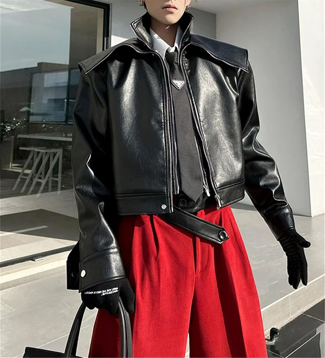 Men’s Oversized Faux Leather Jacket Short Biker Coat Zipper Closure Casual Streetwear for Spring