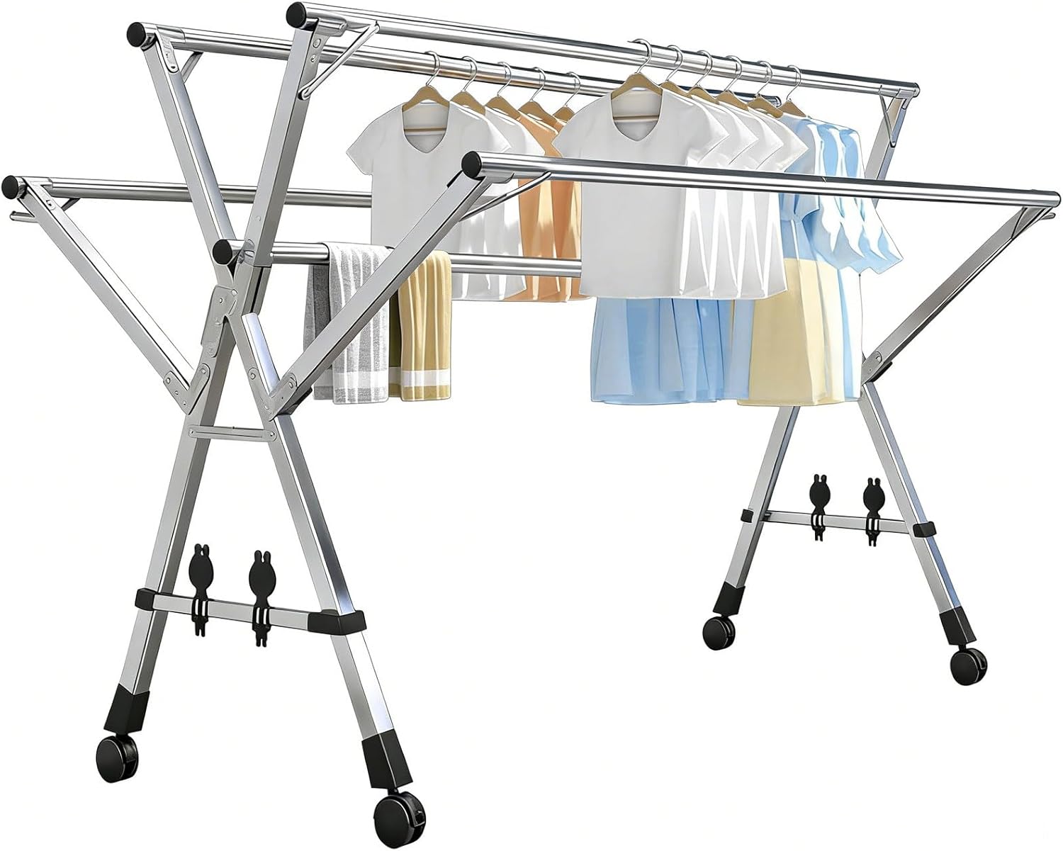 HUHJYUGE Heavy Duty Stainless Steel Clothes Drying Rack, 5 Poles Foldable Outdoor Laundry Rack with Wheels, Retractable Portable Garment Stand, No Installation Needed (160cm/63inch)