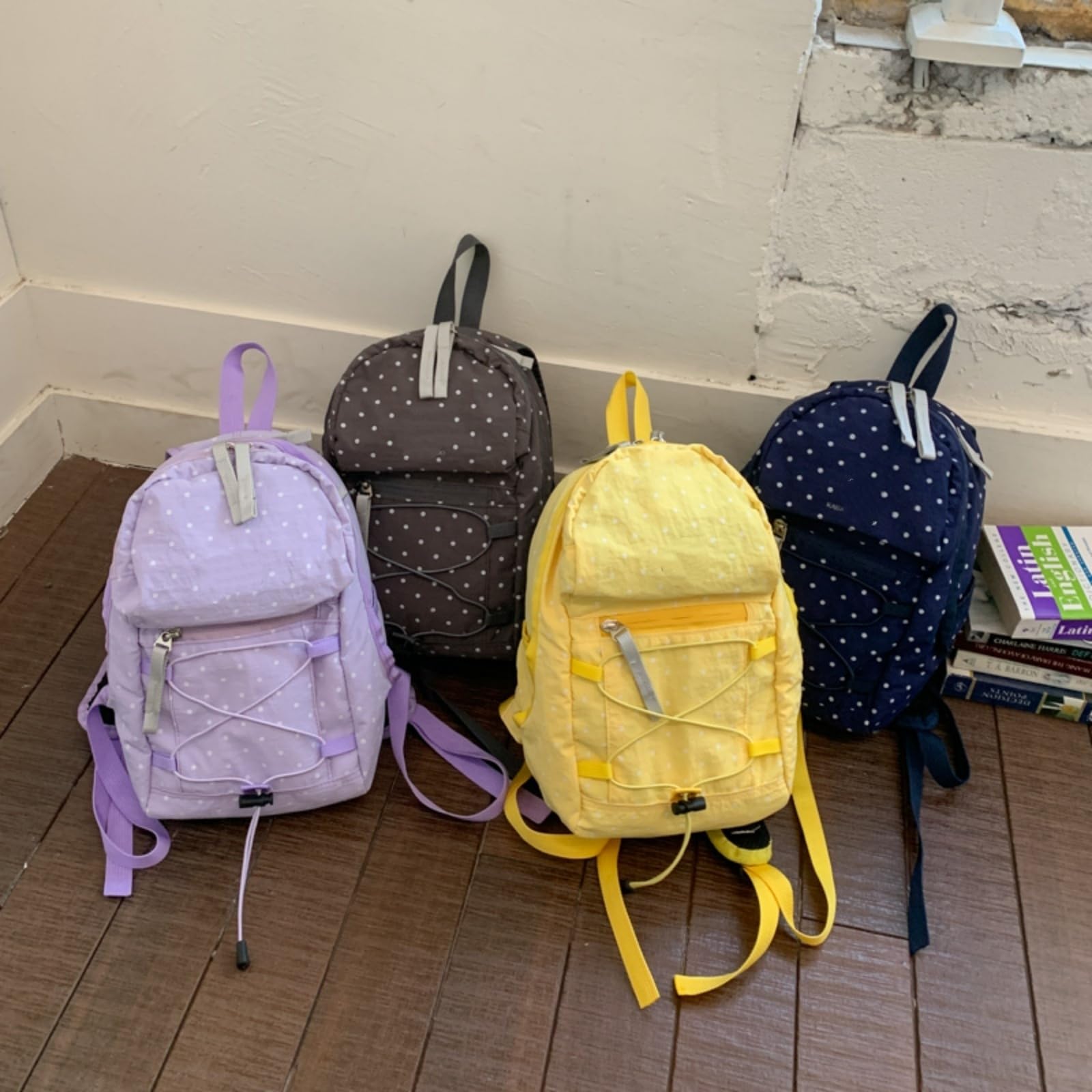 Zaino Polka DOT Stampa Nylon Mini Zaino, Cordone Multi Tasca Borsa Casual per Viaggi Scolastici Uso Quotidiano-Yellow