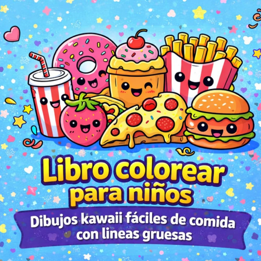 Libro para colorear para niños: Dibujos kawaii fáciles de comida con líneas gruesas