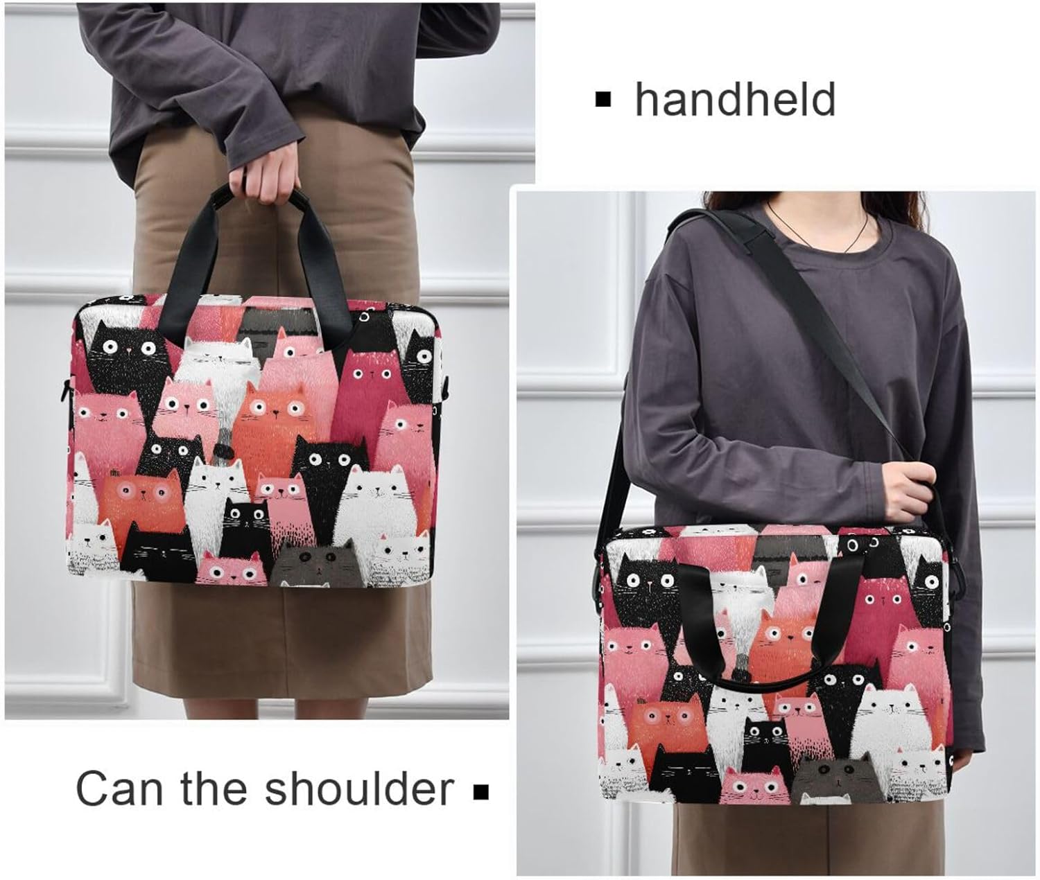 Laptop Bag Sleeve Cute Cat Printed for 16 in Computer, Briefcase with Shoulder Strap Top Handle Multi Pockets