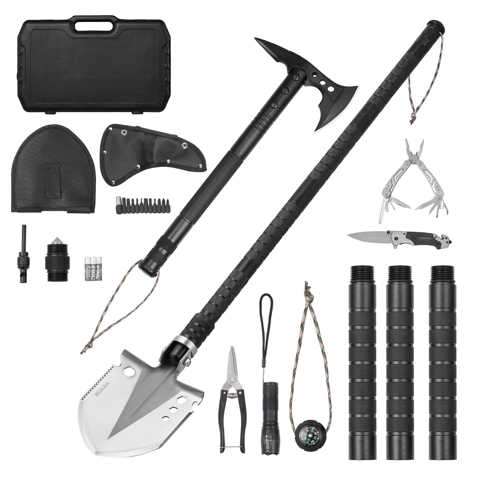 VEVOR Pala de Supervivencia Hacha de Supervivencia, 28 en 1 Palas Plegables para Acampar con Hacha, Juego de Pala y Hacha de Acero Inoxidable, Equipo de Supervivencia para Acampar y Hacer Senderismo