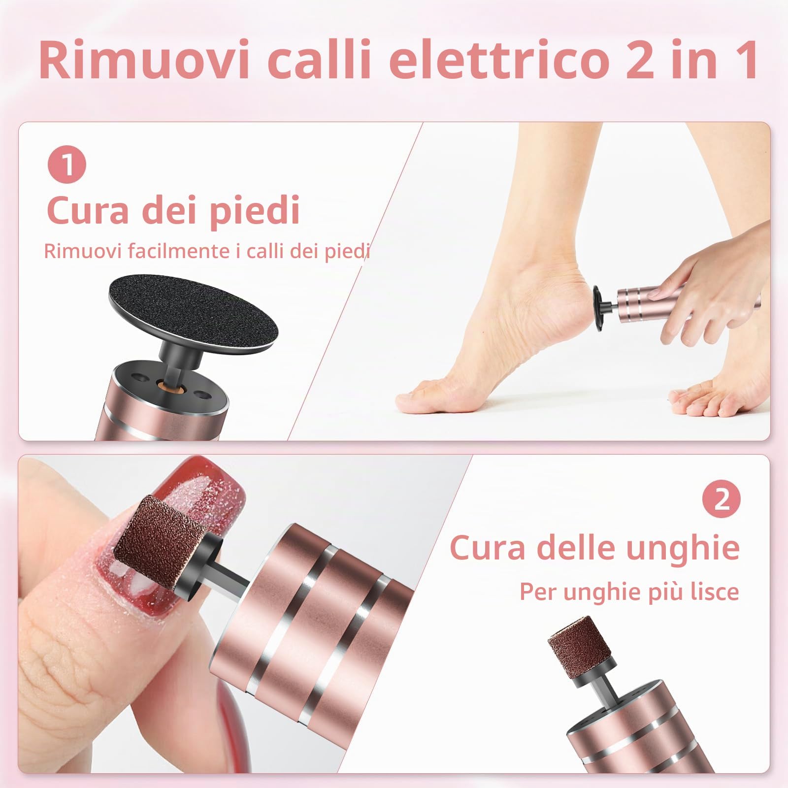 2 in 1 Pedicure Elettrico Professionale Piedi, Rimozione Calli Piedi Elettrico Ricaricabile con Display LCD, 30 Lime Intercambiabili, 9 Velocità di Rimozione dei Calli per Pelle Dura Morta (Oro Rosa)