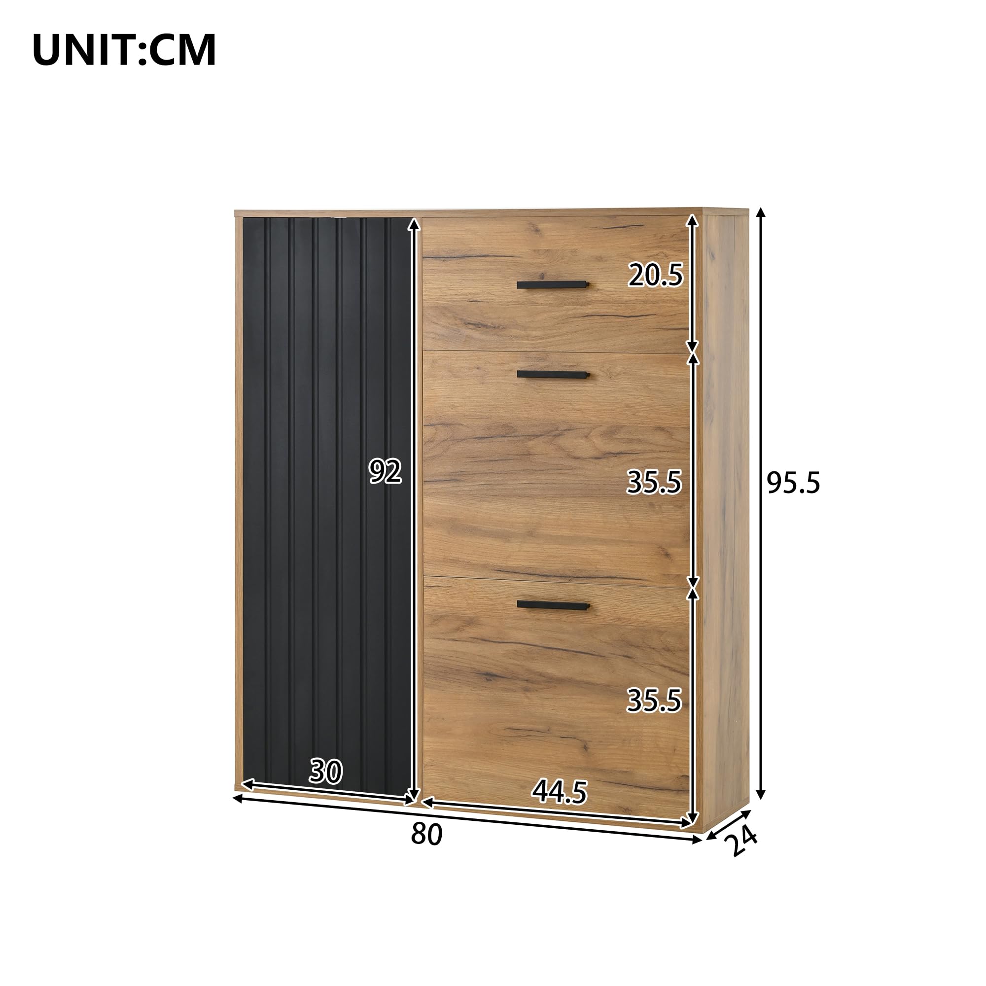 80 × 24 × 95,5 cm, zapatero moderno con estantes ajustables, tiradores negros, 1 cajón y 1 puerta, zapatero multiusos, zapatero en el pasillo (natural+negro)