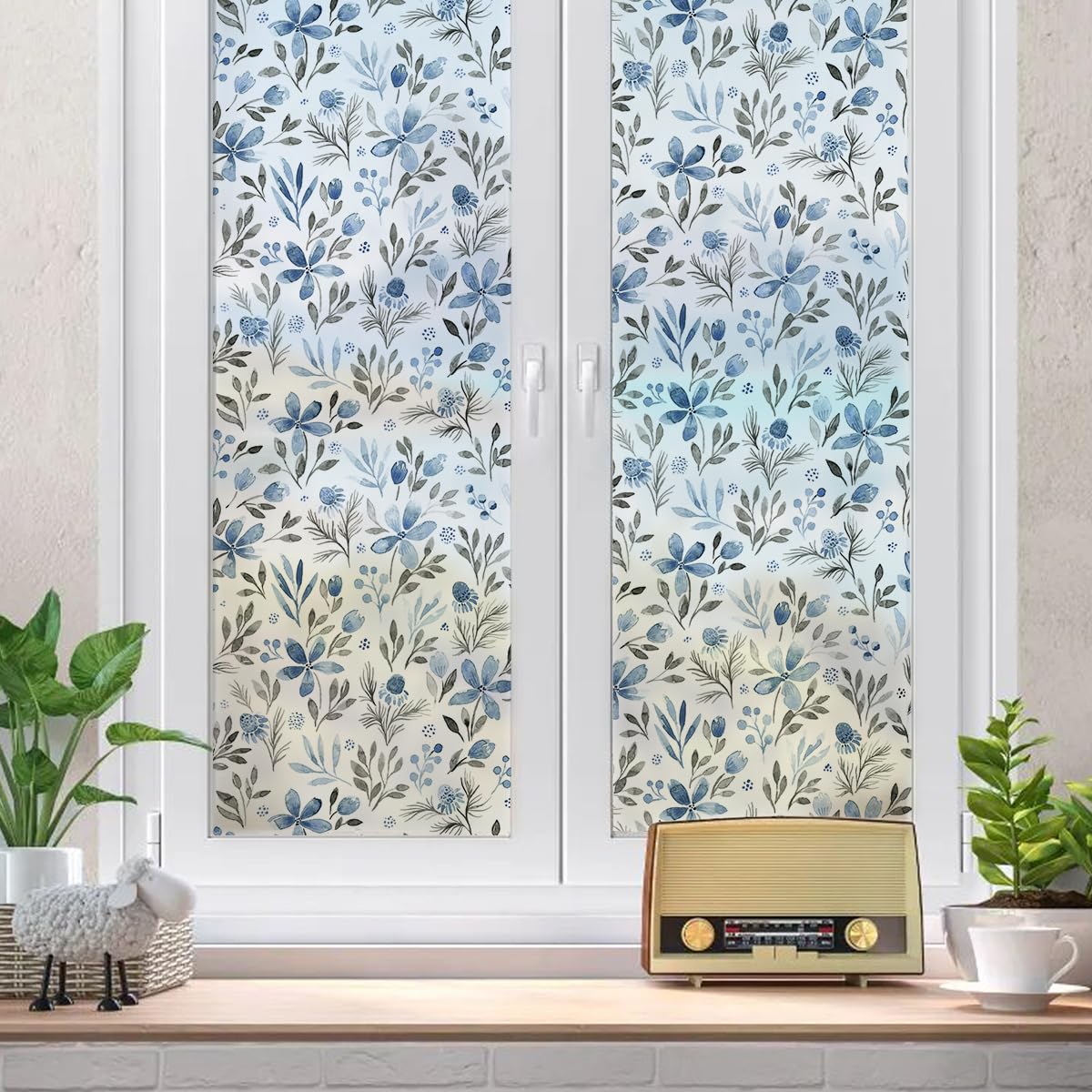 Milchglasfolie Graue Blaue Blätter Fensterfolie Selbstklebend Milchglasfolie Fenster Bad Fenster Sichtschutzfolie Fensterfolie Blickdicht Folie für Fenster Folie Fenster Sichtschutz 40x120cm/4 Pcs