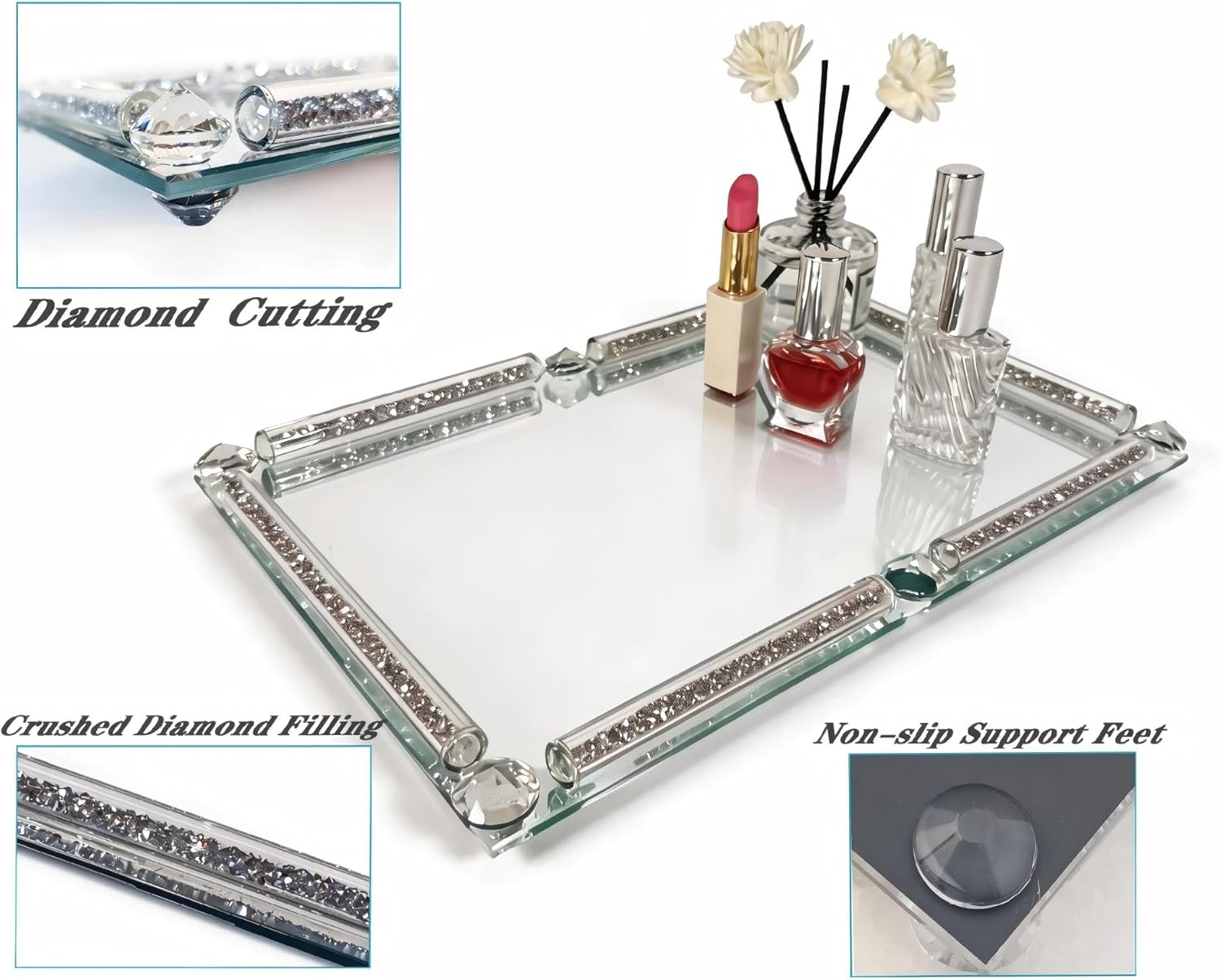 3-in-1 Perfume Crystal Mirror Tray, Luxurious Crushed Diamond Silver Decorative Tray, Non-Slip Desktop Storage Tray, Suitable for Storing Jewelry, Perfumes, and Cosmetics