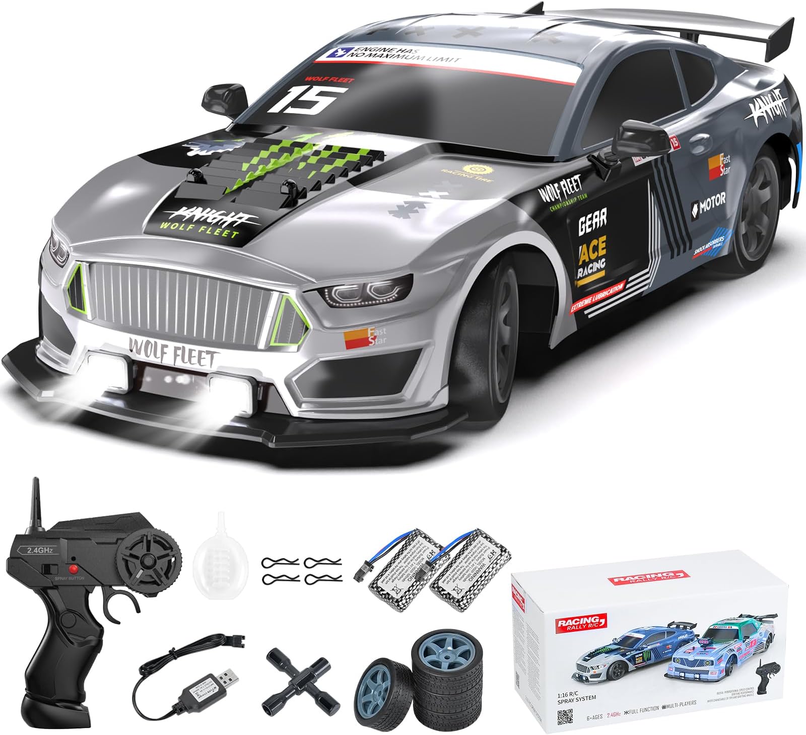 Dollox Remote Control Car 1/16 Scale RC Drift Car 2.4GHz 4WD High Speed 18+KM/H Vehicle with LED Lights and Spray, Extra Drifting Tires Racing Vehicle Toys Birthday Gifts for Adults Boys, 2 Batteries