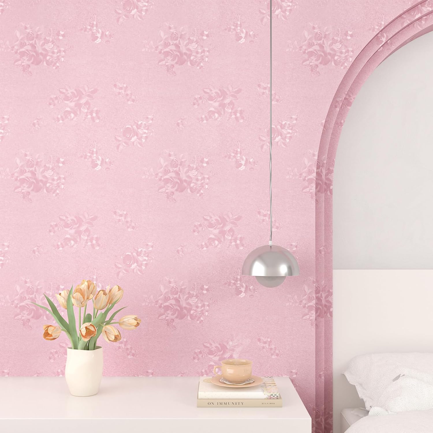Pink Peel and Stick Wallpaper Embossed Patterned Contact Paper for Cabinets Removable Pink Floral Wallpaper Textured Girls Wall Paper 15.7"x160" Waterproof Vintage Wall Decor for Bedroom
