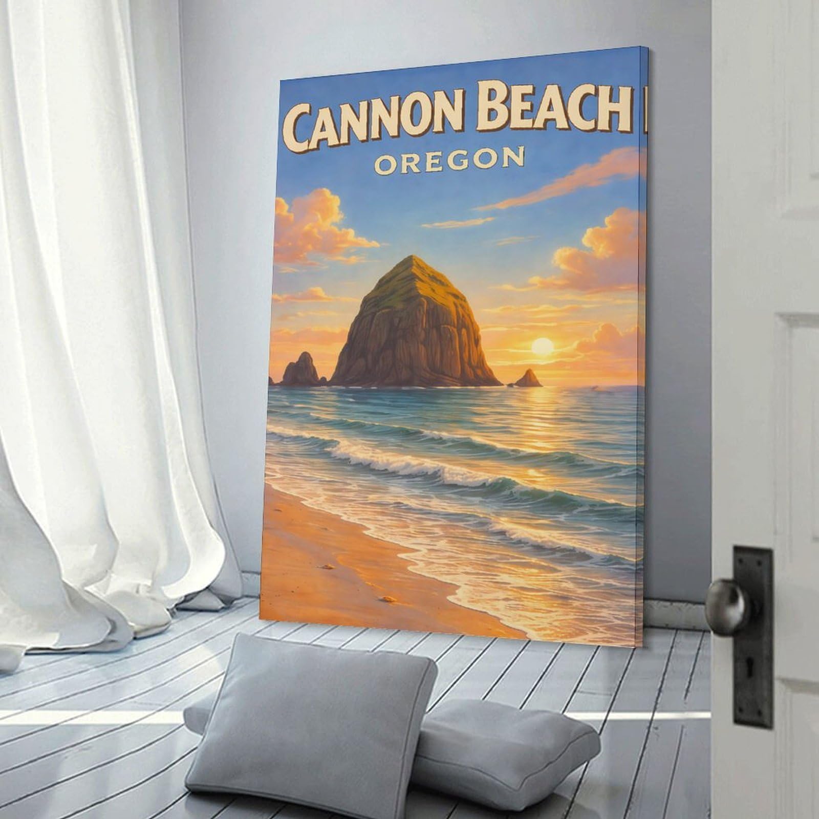 Junmoney Frame-Style-20 Cannon Beach Oregon Wall Art – Vintage Travel Poster Print – Haystack Rock Sunset Coastal Decor Canvas Wall Art 24X36inch(60X90cm), For Workspace Walls, Study Corners Or Bedrooms, Wall Art That Adds S