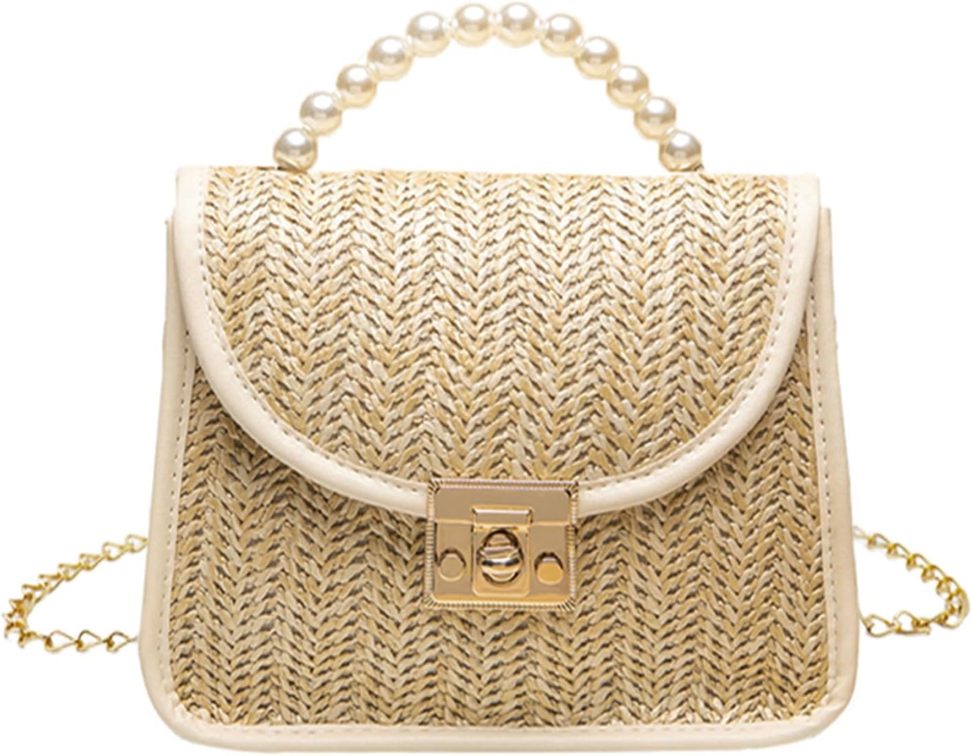 Mini Straw Bag for Women, Summer Woven Crossbody Shoulder Bag Small Pearl Top Handle Handbag Flap Satchel Purse