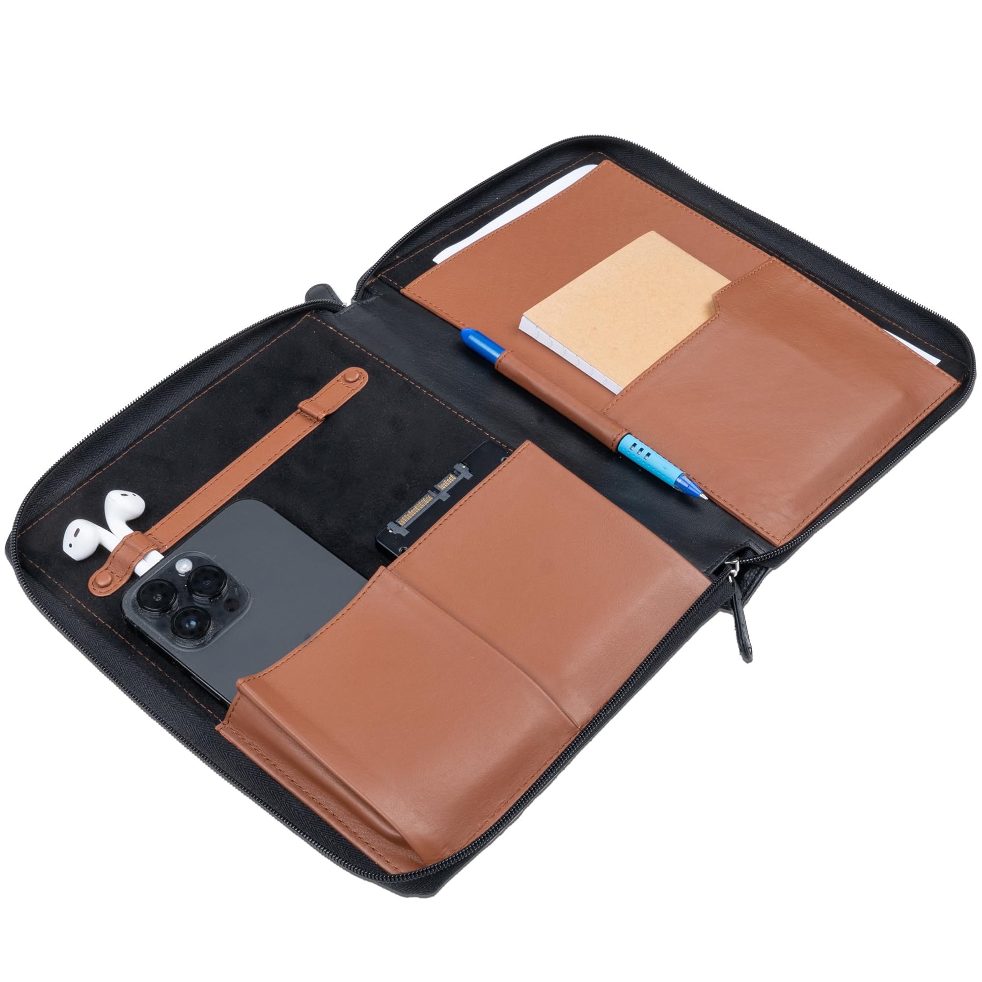 HANS/SON Business-Organizer – Edles Echt-Leder-Case mit 2 Fächern, Platz für A5 Block oder Tablet und wichtige Utensilien, ideal für unterwegs - schwarz, innen braun