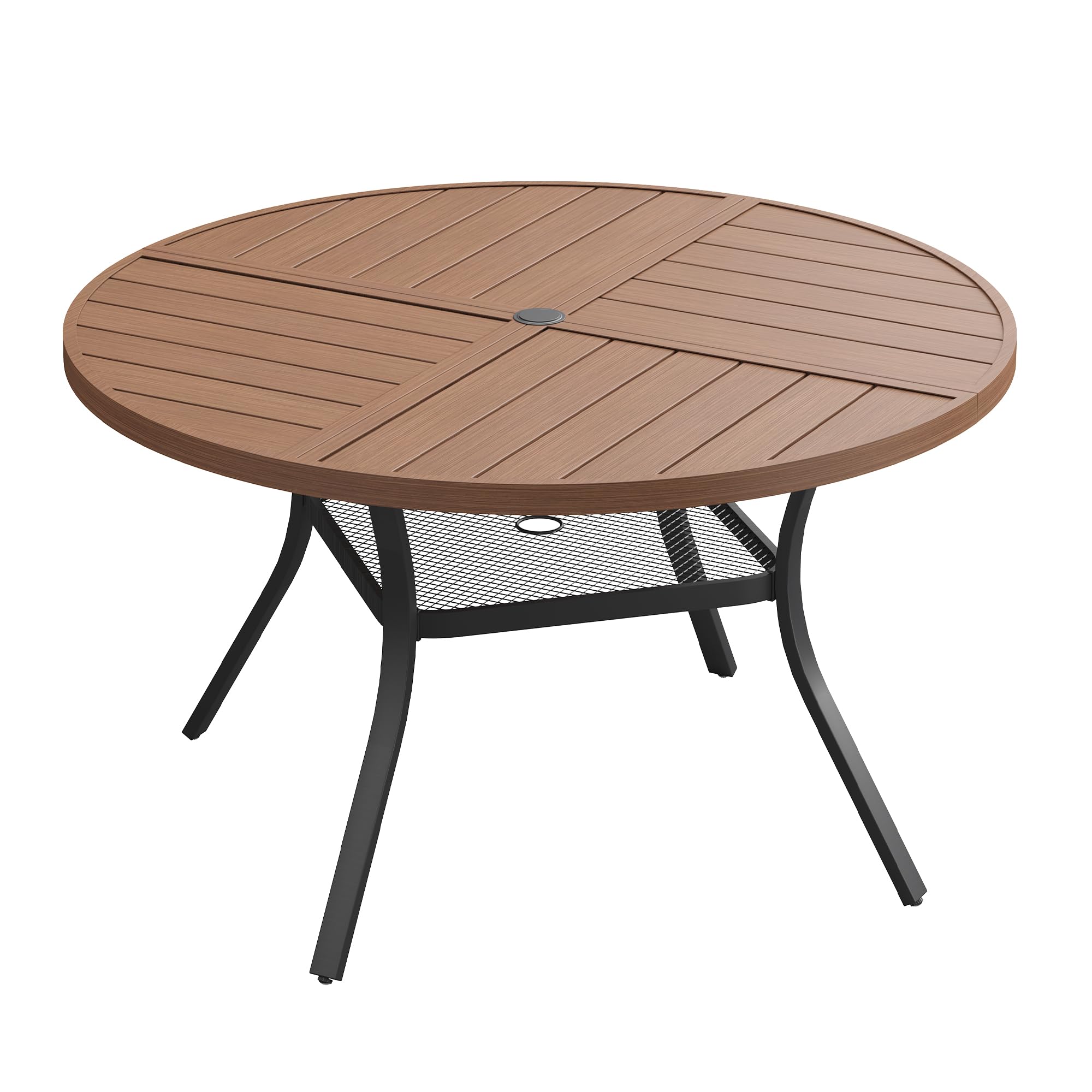 VICLLAX 47.2" Round Outdoor Table, Patio Dining Table for 6 with Umbrella Hole for Garden Lawn Deck Backyard, Walnut