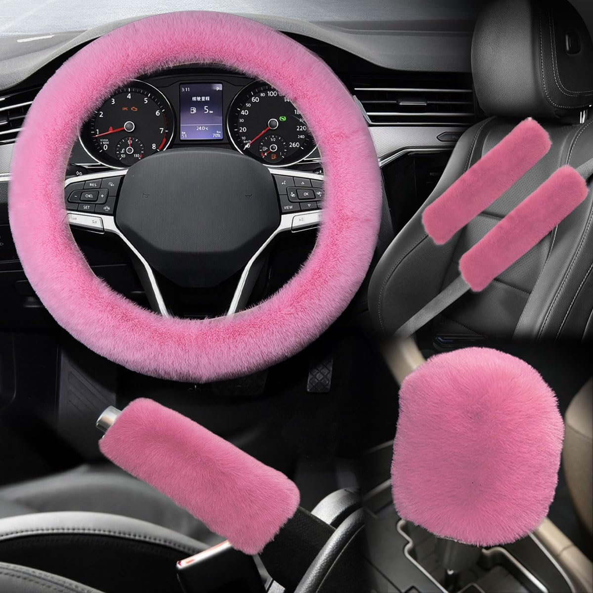 5PCS Fluffy Car Steering Wheel Cover Set, Includes Faux Fur Gear Shift  Cover Handbrake Cover Steering Wheel Protector Seat Belt Shoulder  Pads