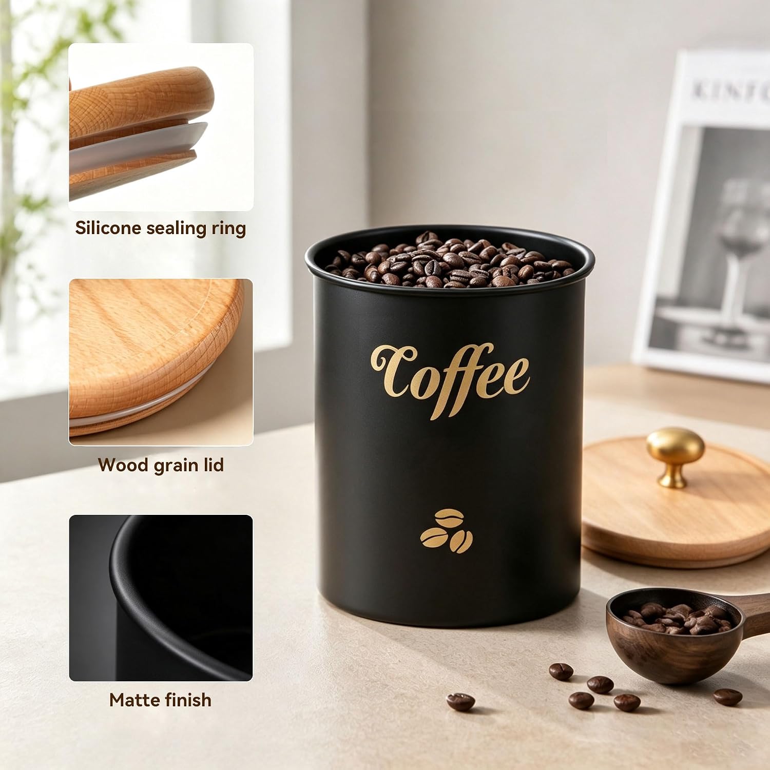 Airtight Coffee Canister, 1.2 lb Large Black Coffee Bean Storage Container, 5 x 8 inch Countertop Container for Coffee Grounds, Cafe Jar Cafe Holder (Black)