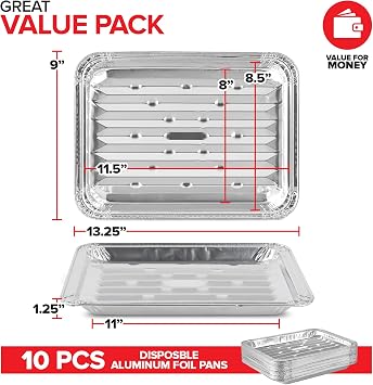 Stock Your Home Disposable Aluminum Foil Broiler Pan (10 Pack) for Oven - Durable Broiling Drip Trays with Ribbed Bottom Surface for BBQ Grill-Like Texture - 13x9 Inch Pans